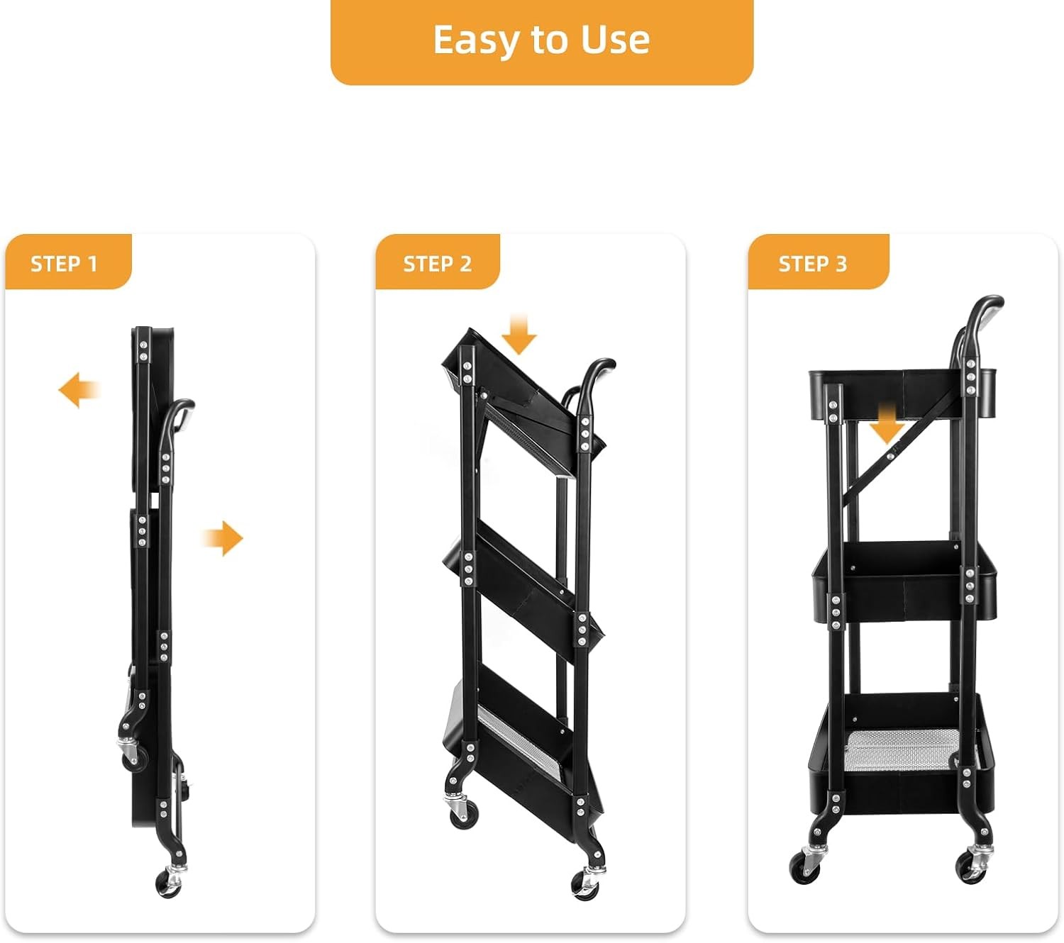 3 Tier Foldable Rolling Cart W/ Wheels Folding Utility Cart Organizer