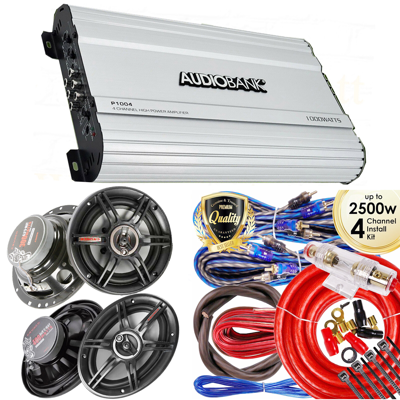 Audiobank 4Ch 1000W Amplifier  + 4x Crunch 6x9" & 6.5" ELITE CAR Speakers +Kit