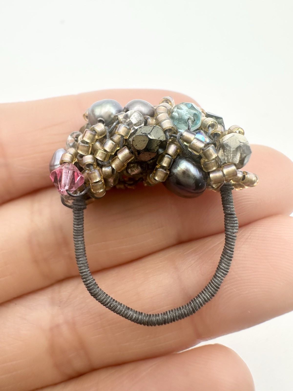 Artisan Handmade Beaded Wire Cocktail Ring Size 6.5”