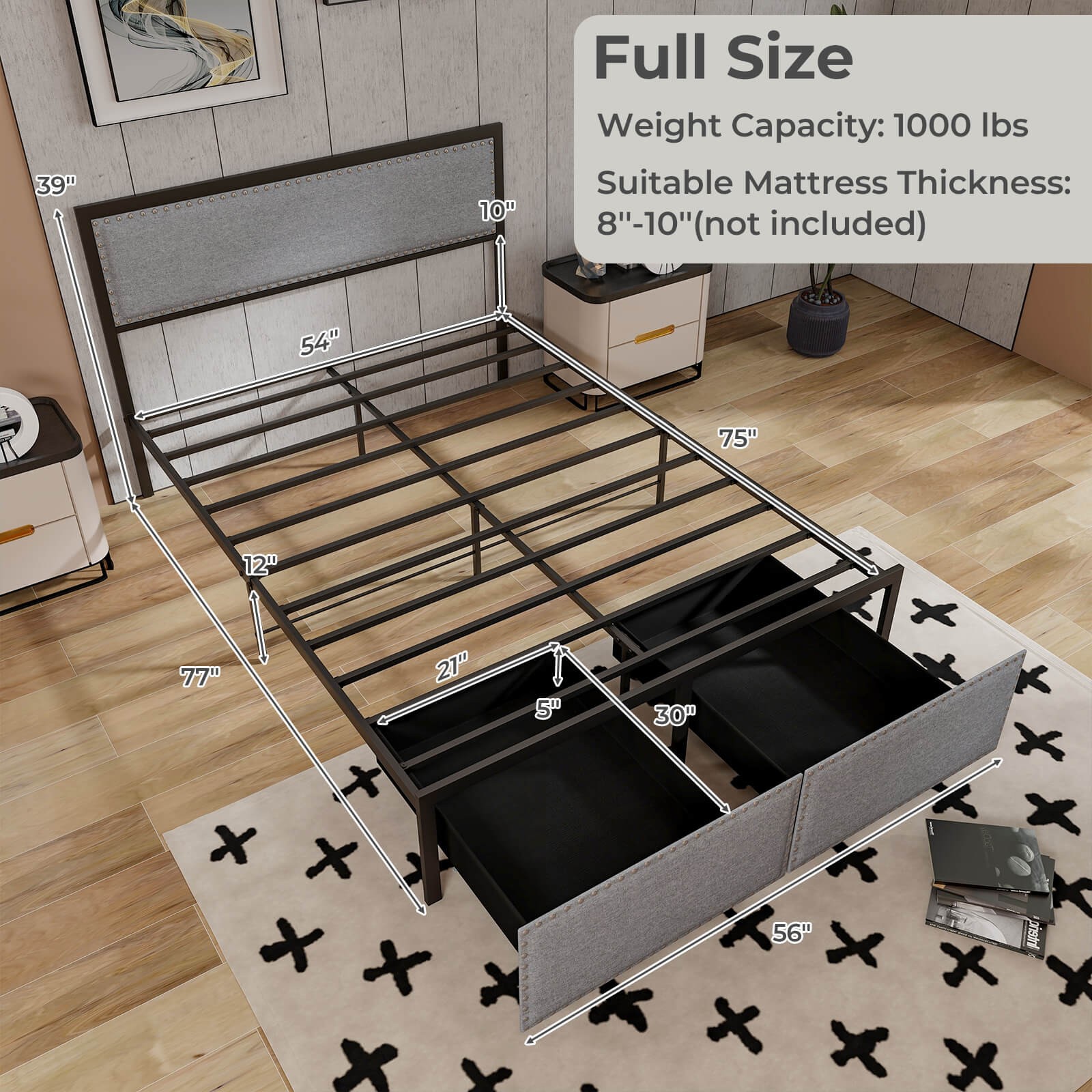 Full Size Bed Frame with 2 Storage Drawers LED Lights Slats Support Modern