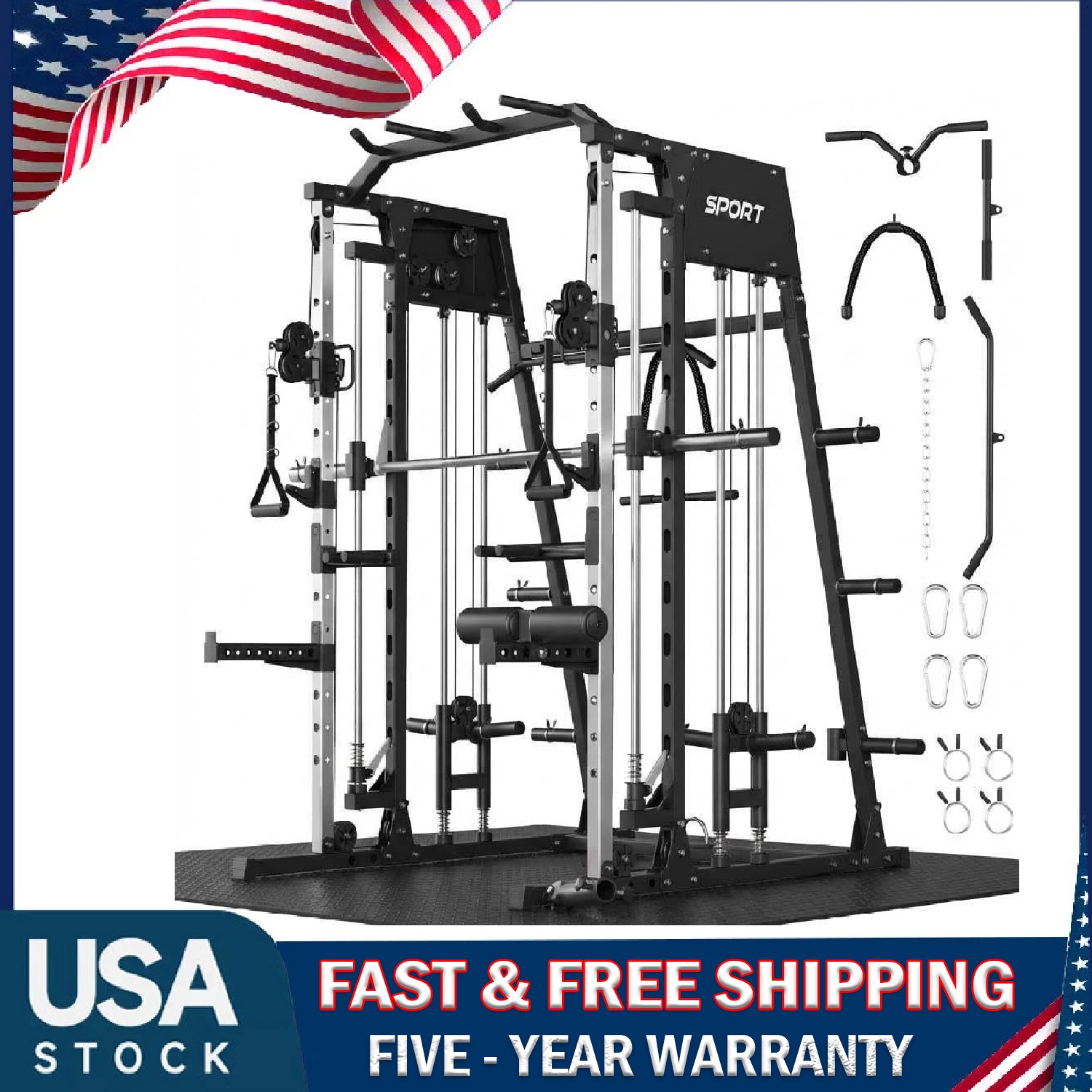 Smith Machine for Home Gym, Squat Rack Power Cage w/LAT Pull-Down & Cable System