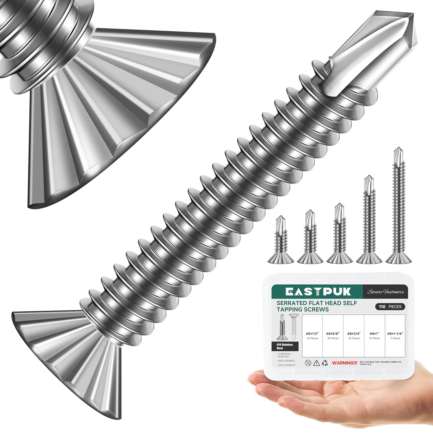 110Pcs #8 Self Tapping Screws for Metal  410 Stainless Steel Serrated Flat Head