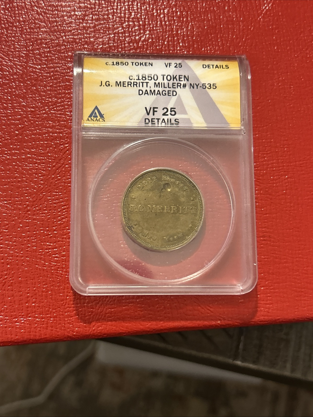 1850 New York City  Token 535 Brass  J.G Merritt Mens Boys Emporium VF 25 Detail
