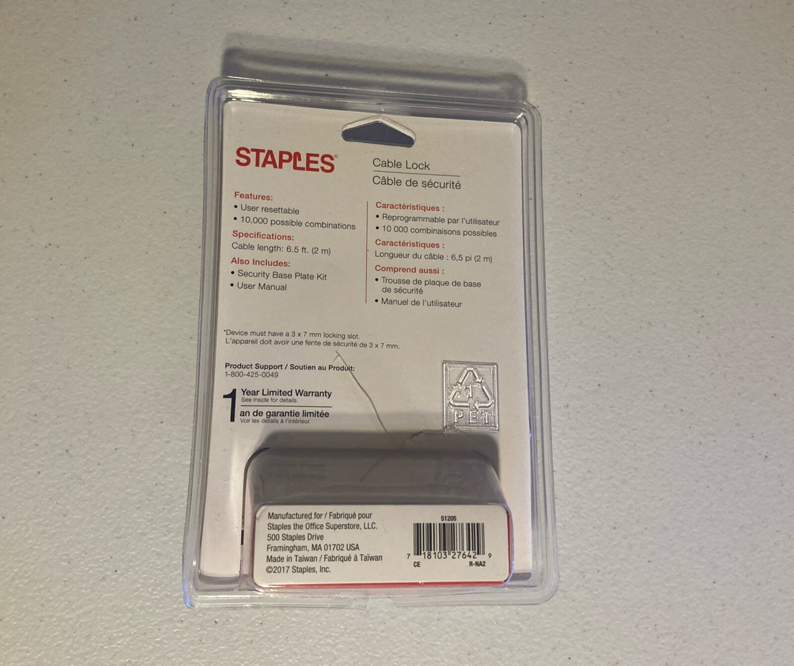 Staples 6.5 Ft Feet (2m) Combination Cable Lock With Security Base Plate Kit