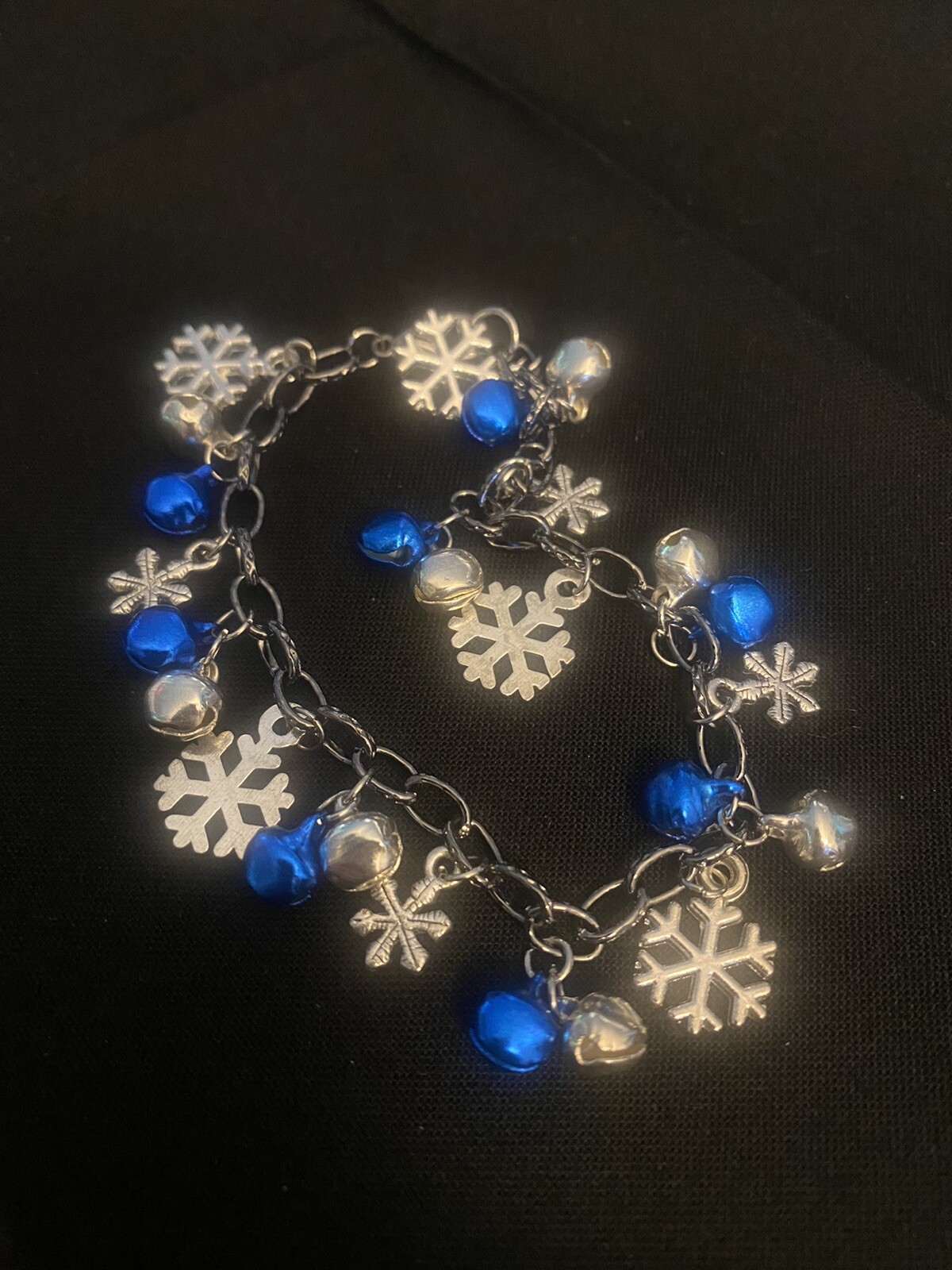 Handmade Bracelet Christmas Snowflake w/Blue/Silver Bells Charms