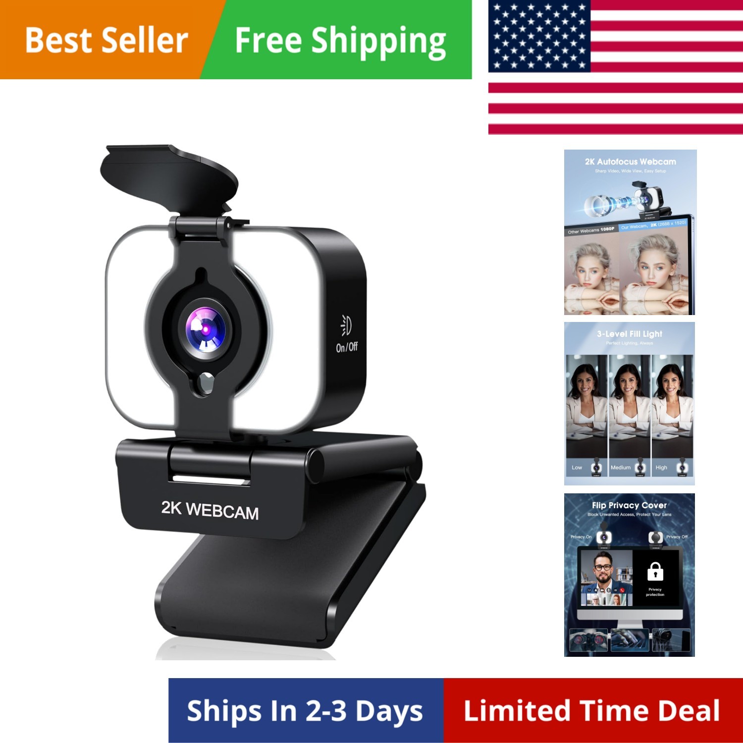 2K Webcam for PC, Web Camera with Microphone, Light, Privacy Cover, Plug and ...