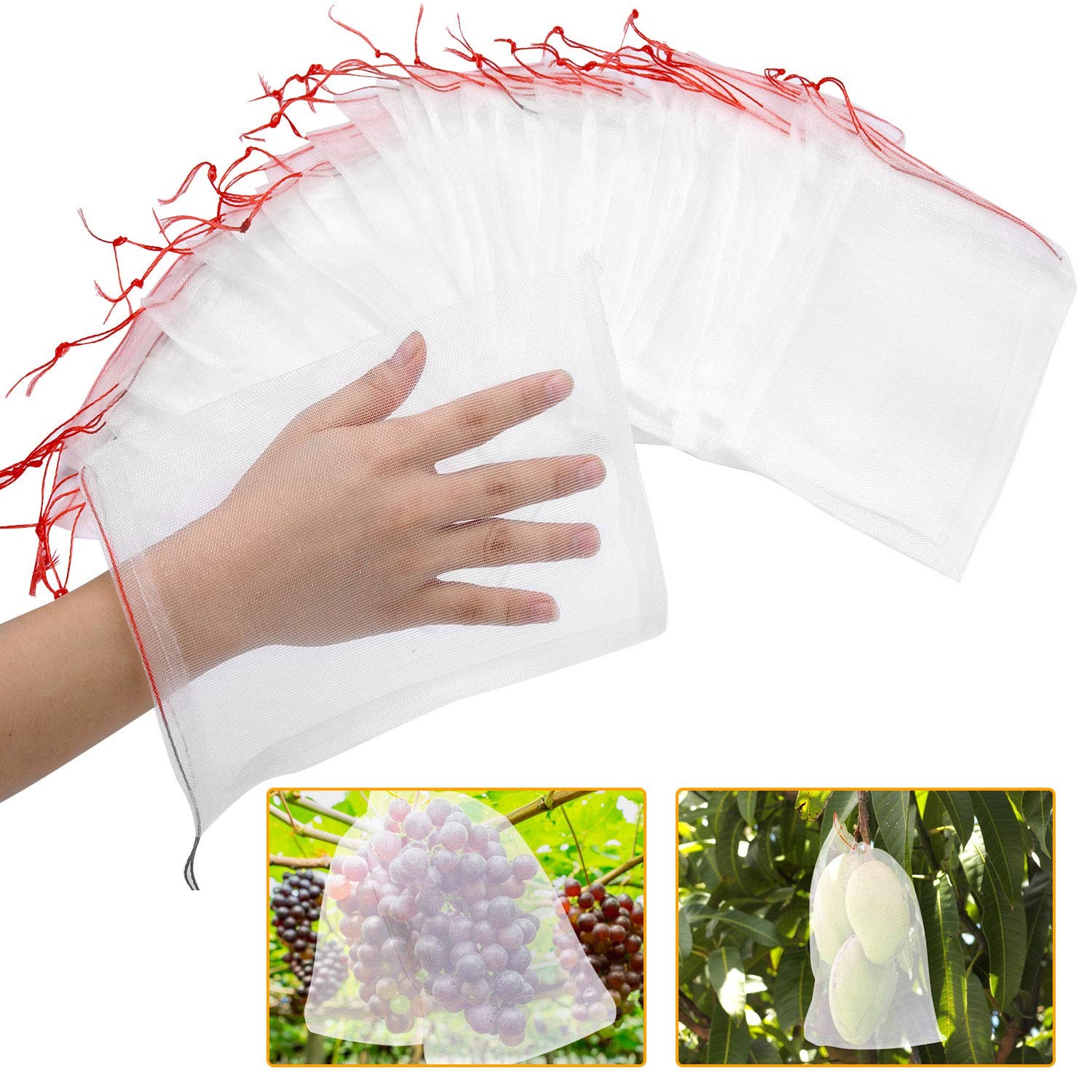 Kikhope 50 Pcs Fruit Protection Netting Bags, 10"x6" With 10"x6", White