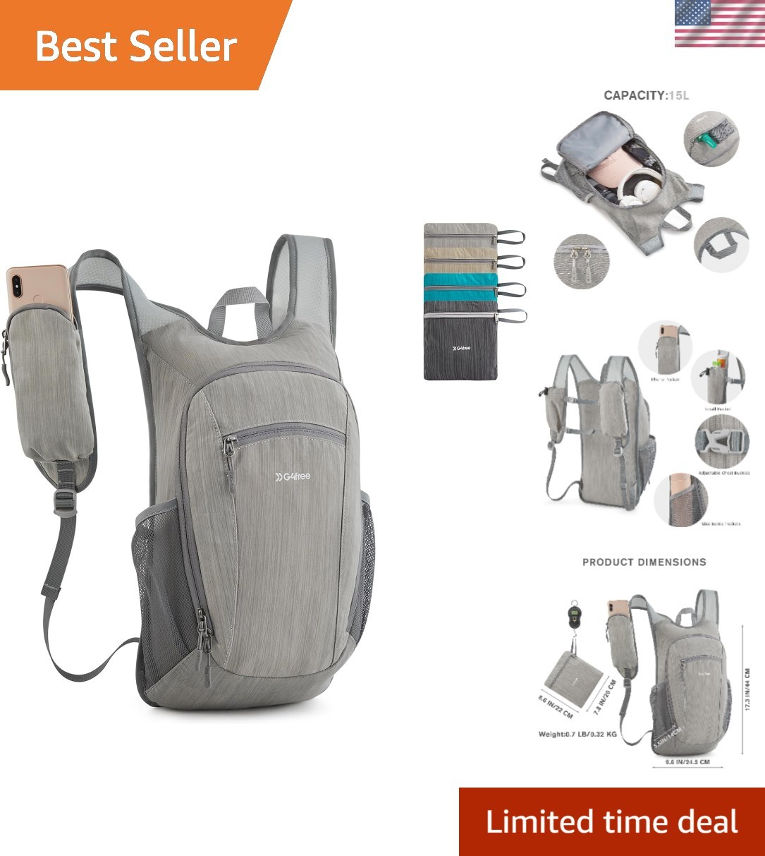 15L Hiking Daypack Lightweight Travel Backpack Packable Outdoor Casual Foldab...