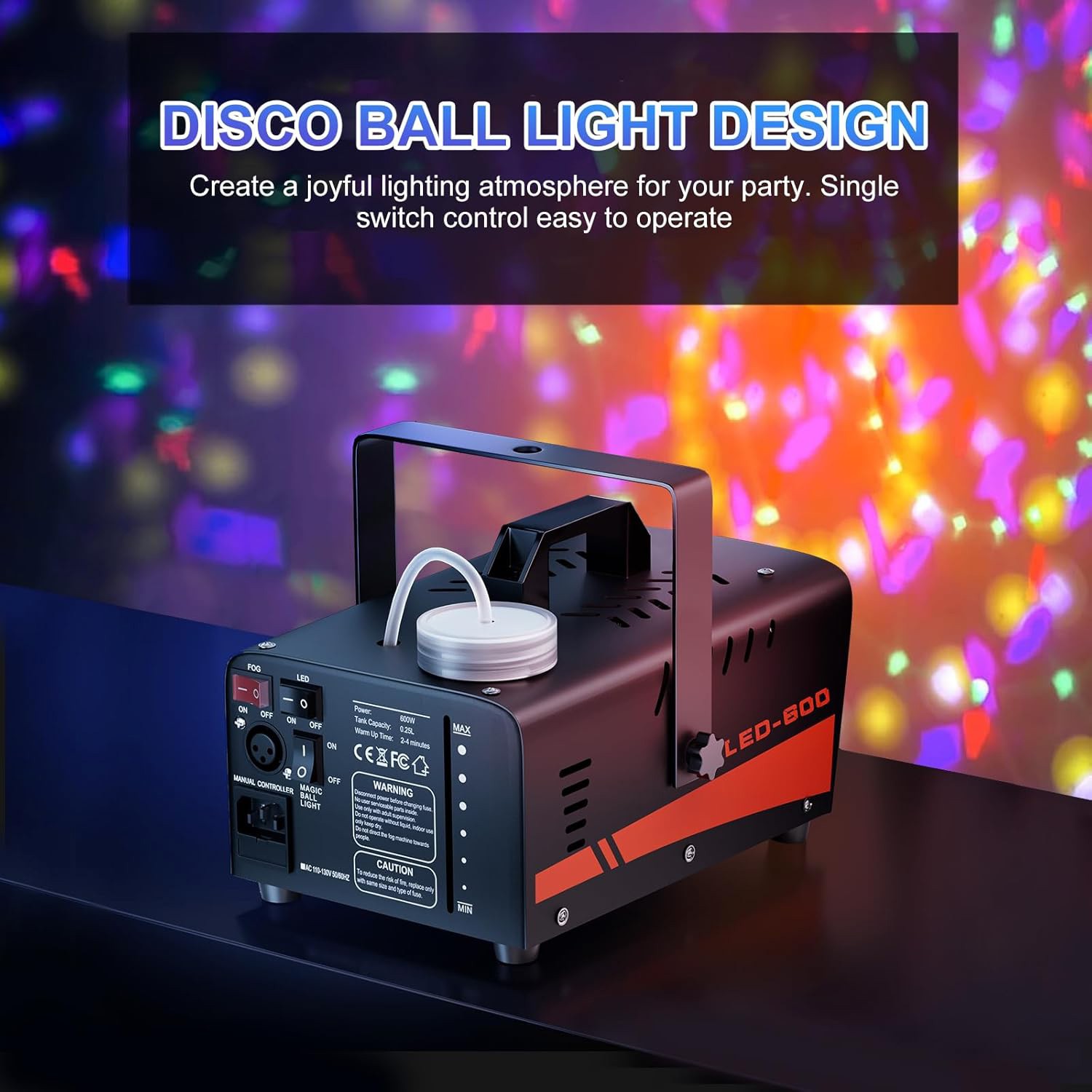 600W Fog Machine Smoke Machine w/ Disco Ball Lights 3000CFM 13-Color LED Effects