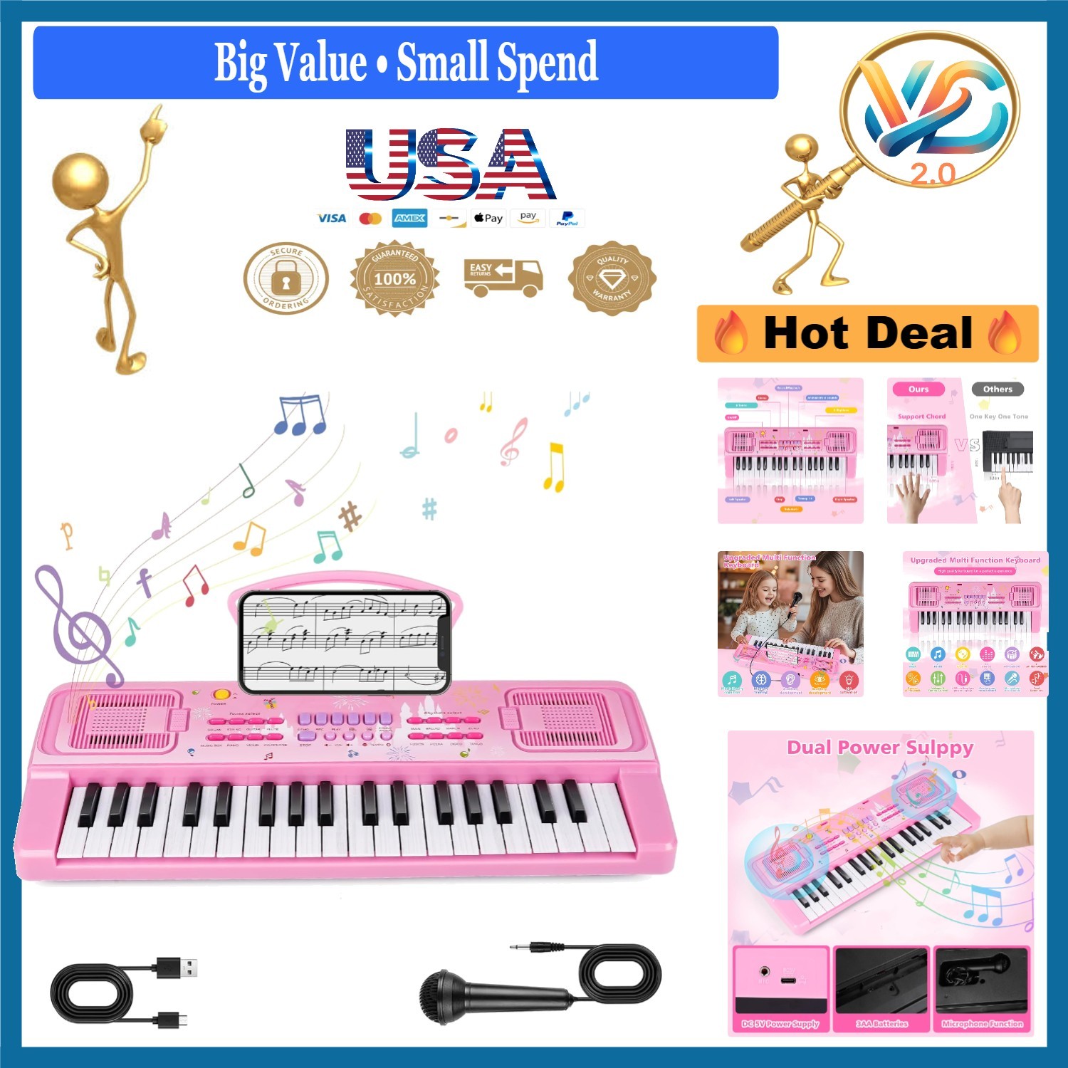 Pink Kids Keyboard Piano 37 Keys Electric Digital Music Toy with Microphone