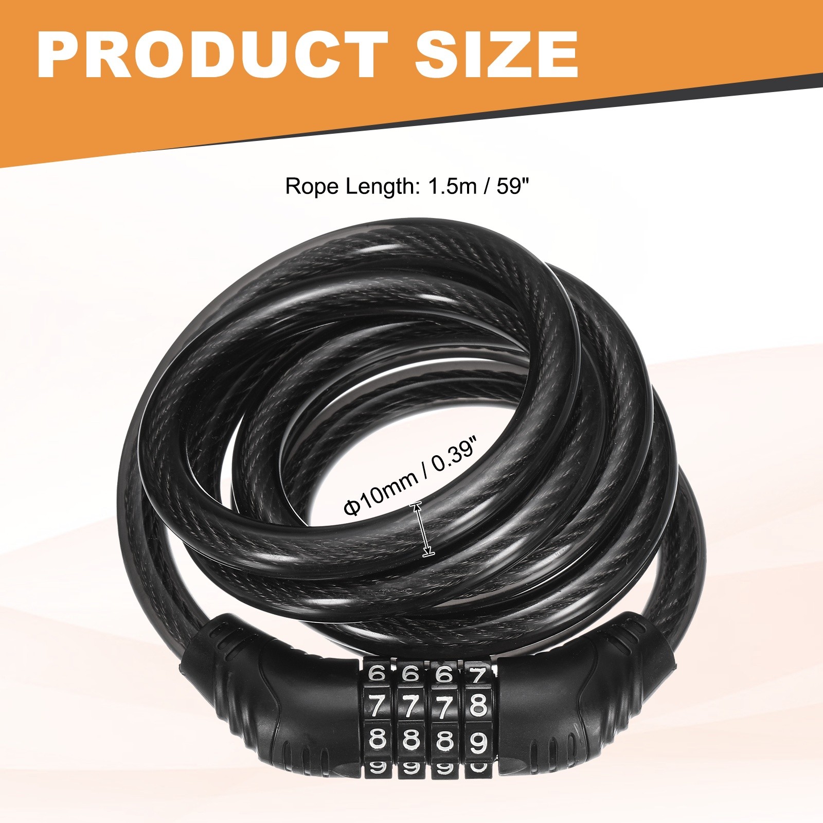 150cm Bike Lock Cable, Security Bike Wire with 4 Digit Code Combination, Black