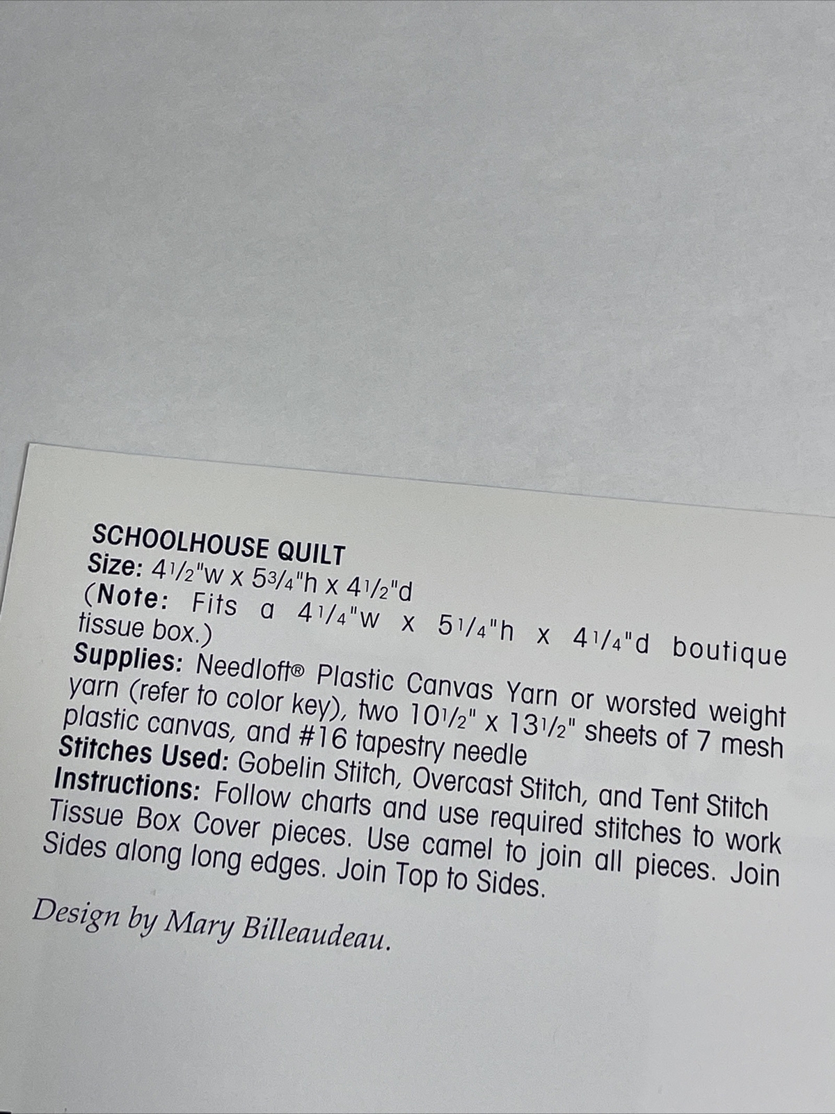 Schoolhouse Quilt Tissue Box Leisure Arts Plastic Canvas Pattern