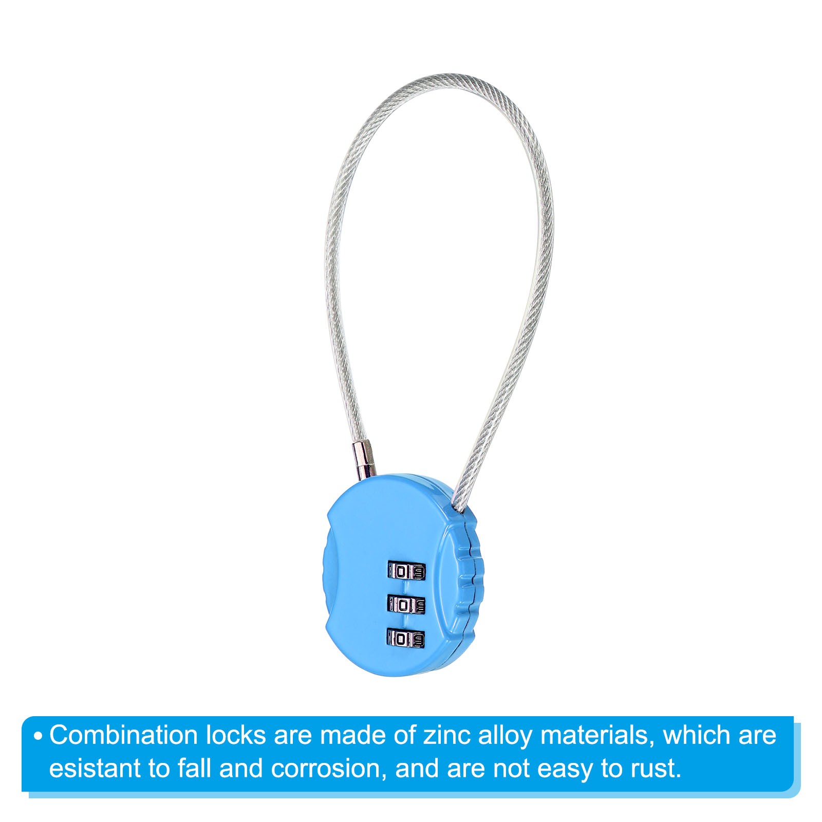Small Combination Block 7.8", 3pc 3 Digit Luggage Lock, Clear Blue