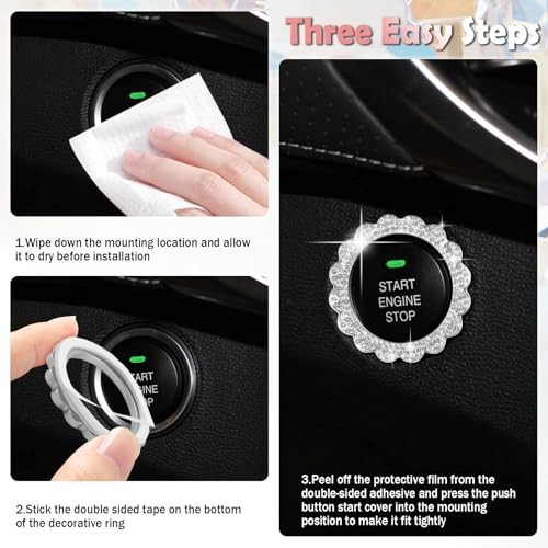 2026 New Flower Push Start Button Cover Ring,Bling Car Push Start Button White