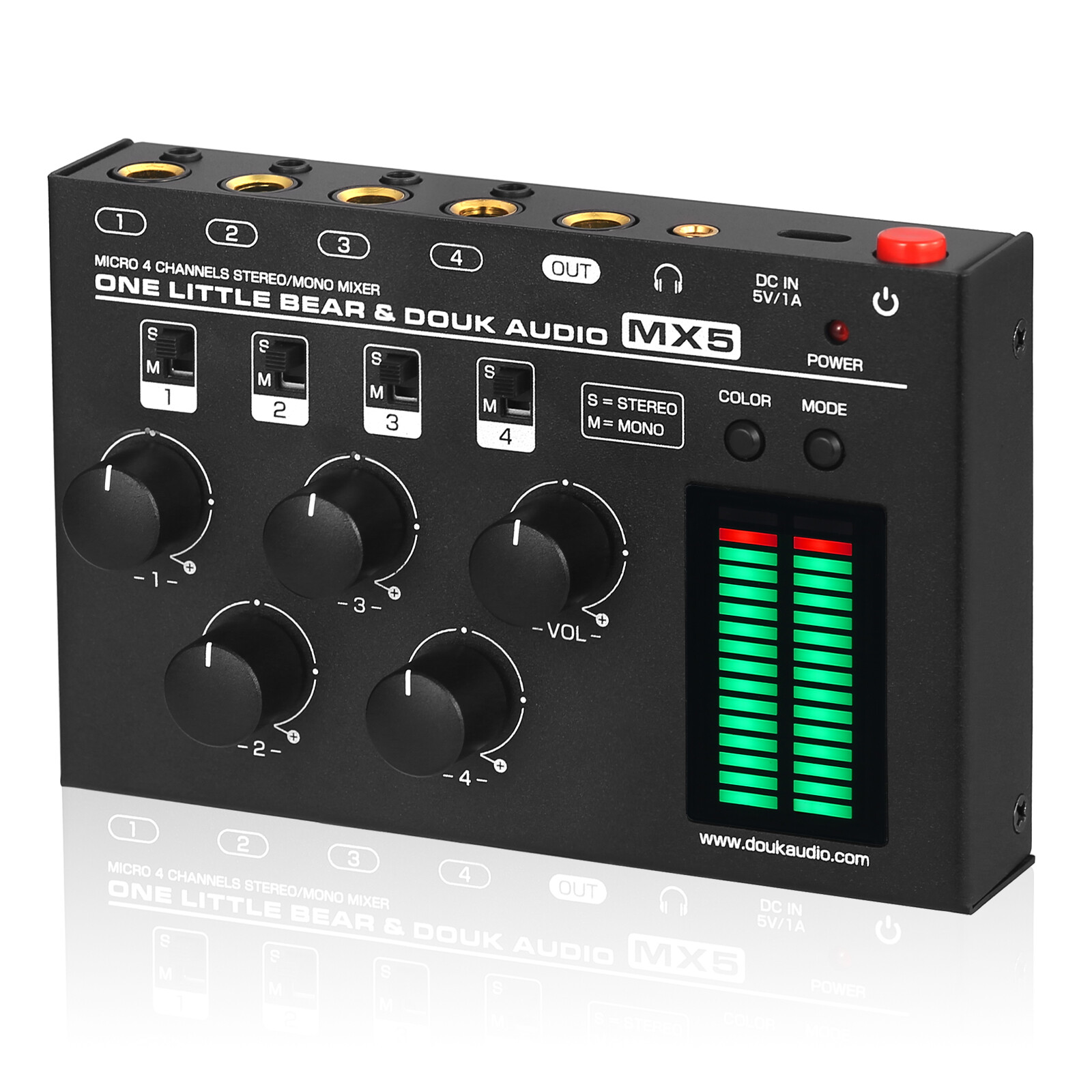 4 Channel Mono/Stereo Audio Mixer w/LED Level Meter Ultra Low-Noise Line Mixing