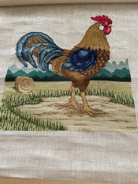 Wooden Embroidery Scroll with Completed Crossstitch Rooster