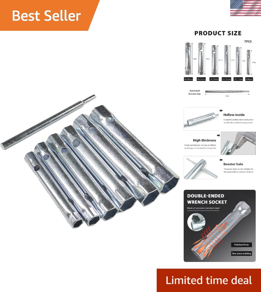 Dual-Ended 7-Piece Alloy Steel Plumber Wrench Set - 8-19mm with Extension Bar