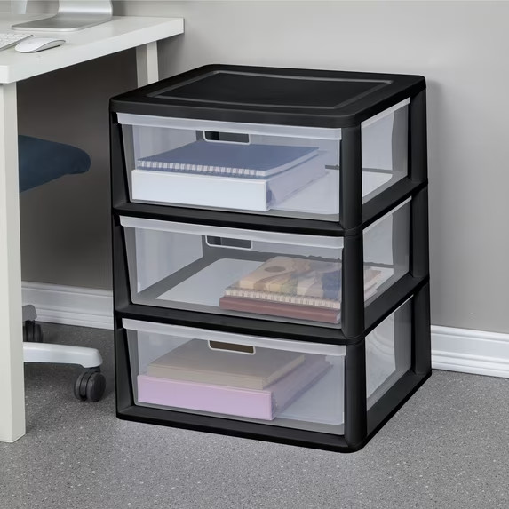 (2 pack) Sterilite Wide 3 Drawer Tower, Plastic Storage Organizer Black