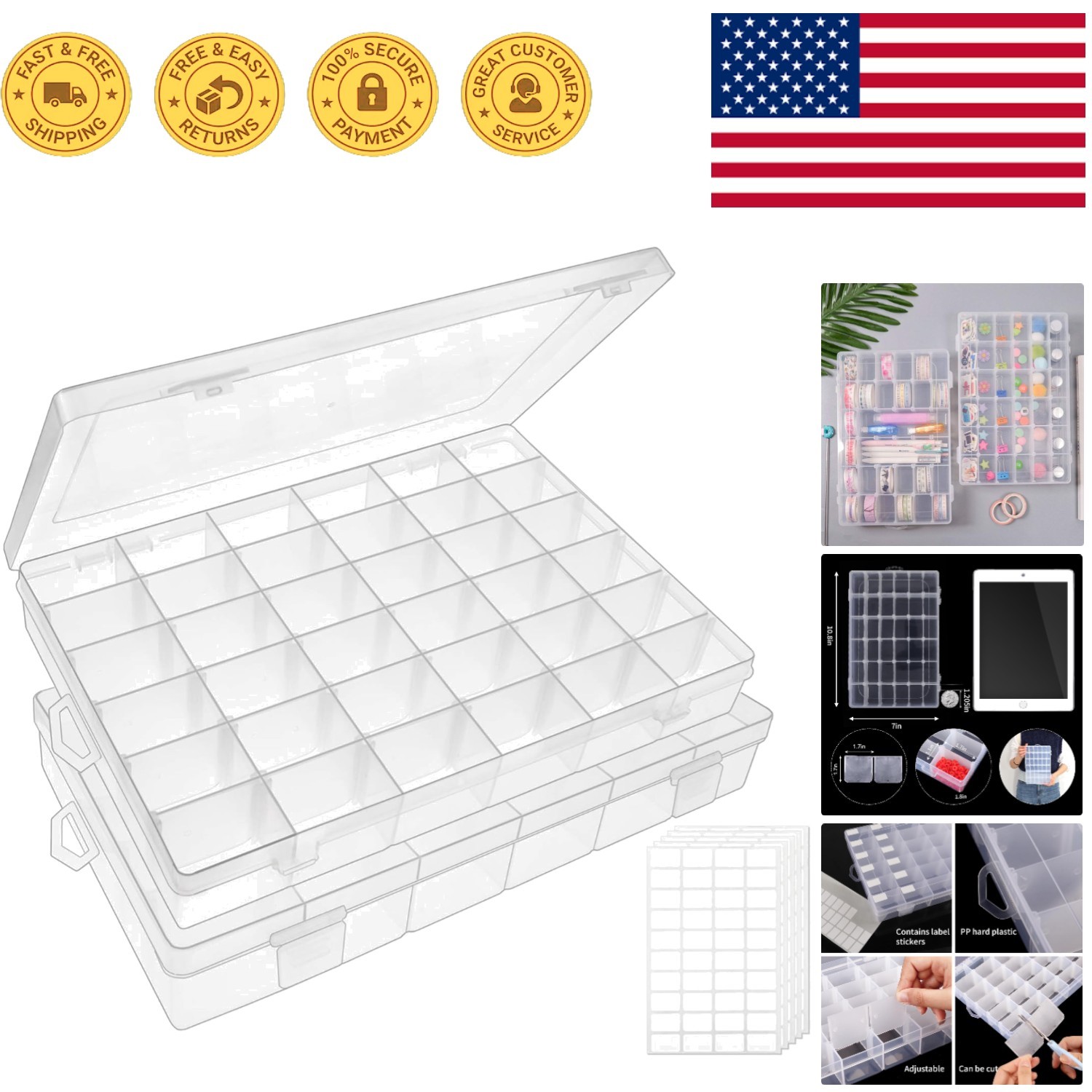 Essential 36-Compartment Organizational Box Set for Jewelry & Crafts - 2 Pack