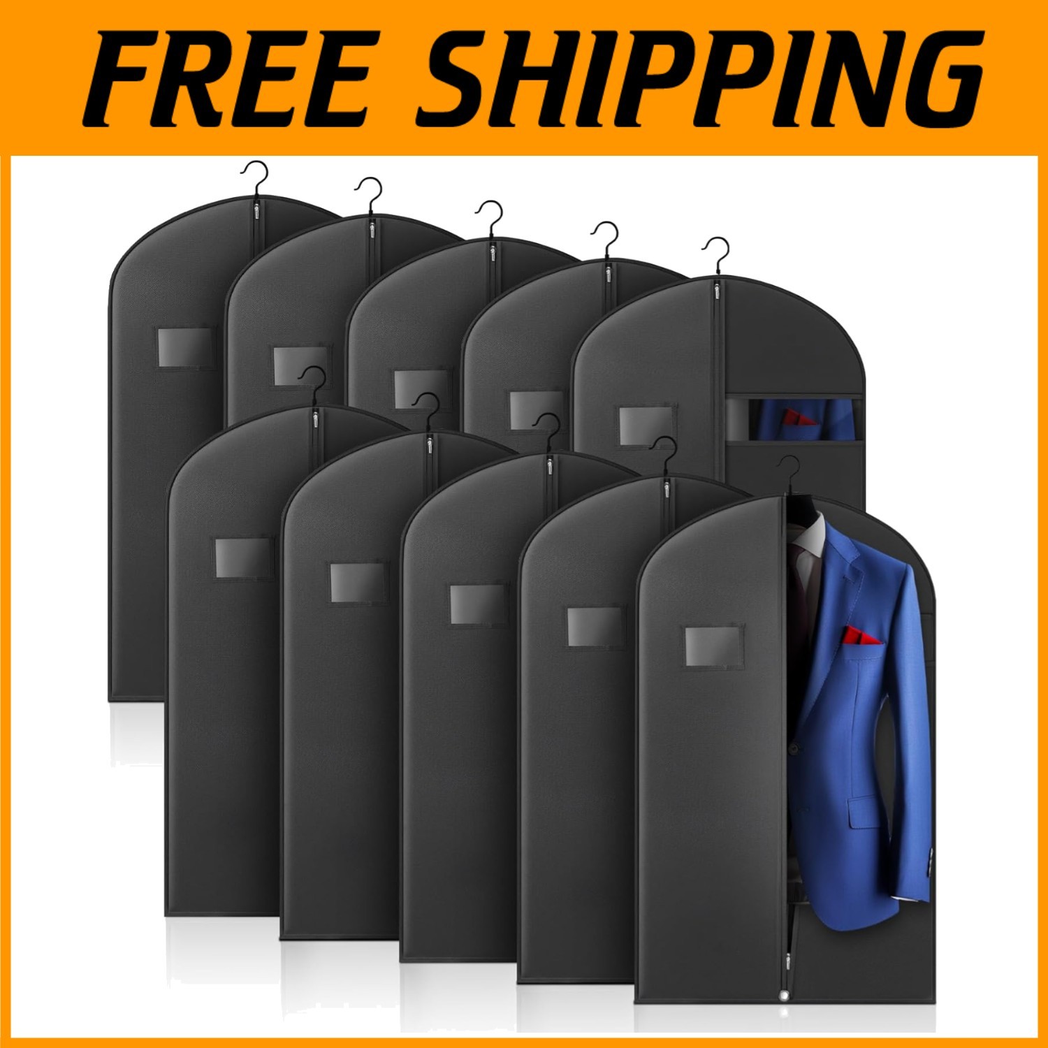 10 Pack Garment Bags for Hanging Clothes, 40-inch, Black