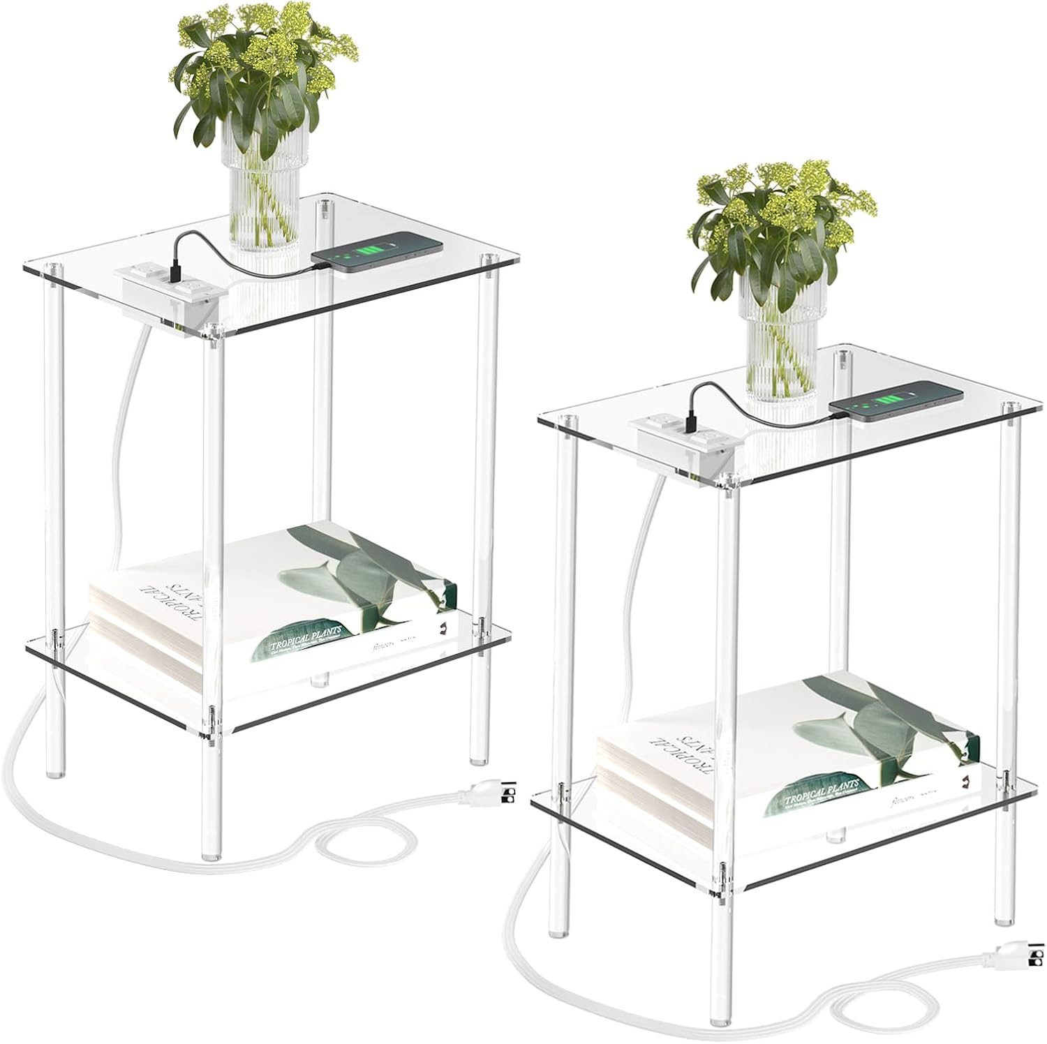 Acrylic Side Table Set of 2 with Charging Station - Small Nightstand | Clear End