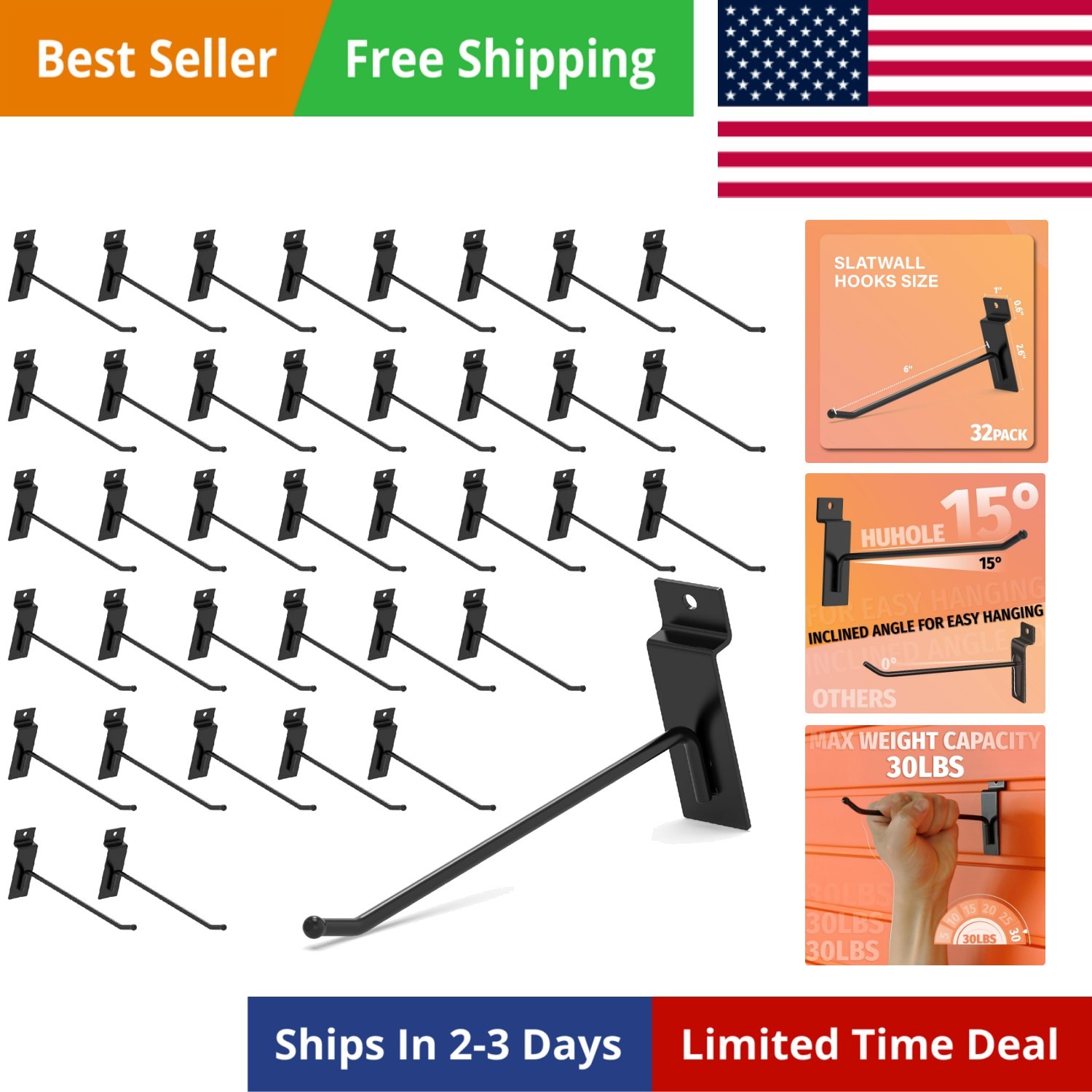 6 Inch Slatwall Hooks 32 Pack, Heavy Duty 30lb Capacity for Garage Power Tool...