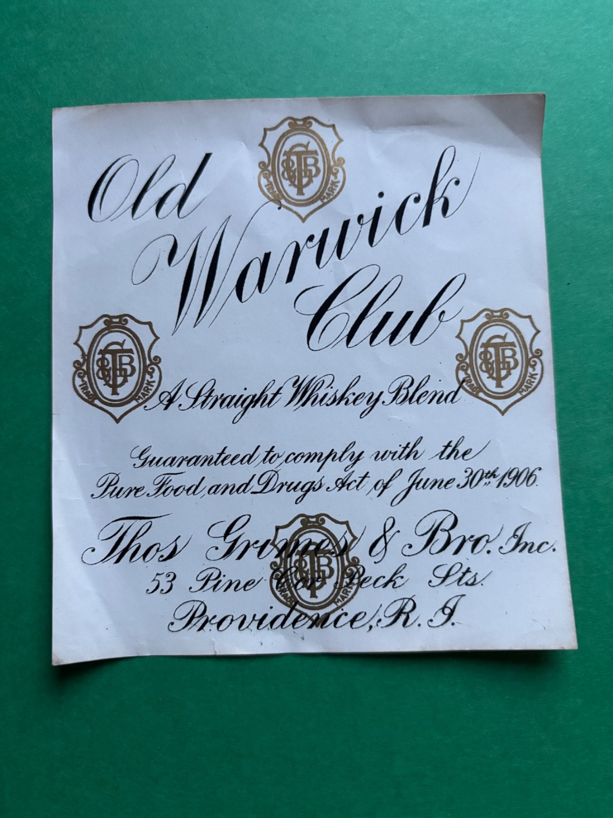 VINTAGE OLD WARWICK CLUB WHISKEY BOTTLE LABEL PROVIDENCE RHODE ISLAND GRIMES INC