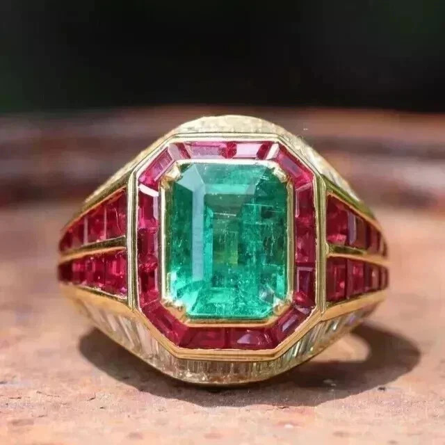 3.12Ct VVS1 Lab-Created Emerald & Ruby Men's Anniversary 14K Yellow Gold FN Ring