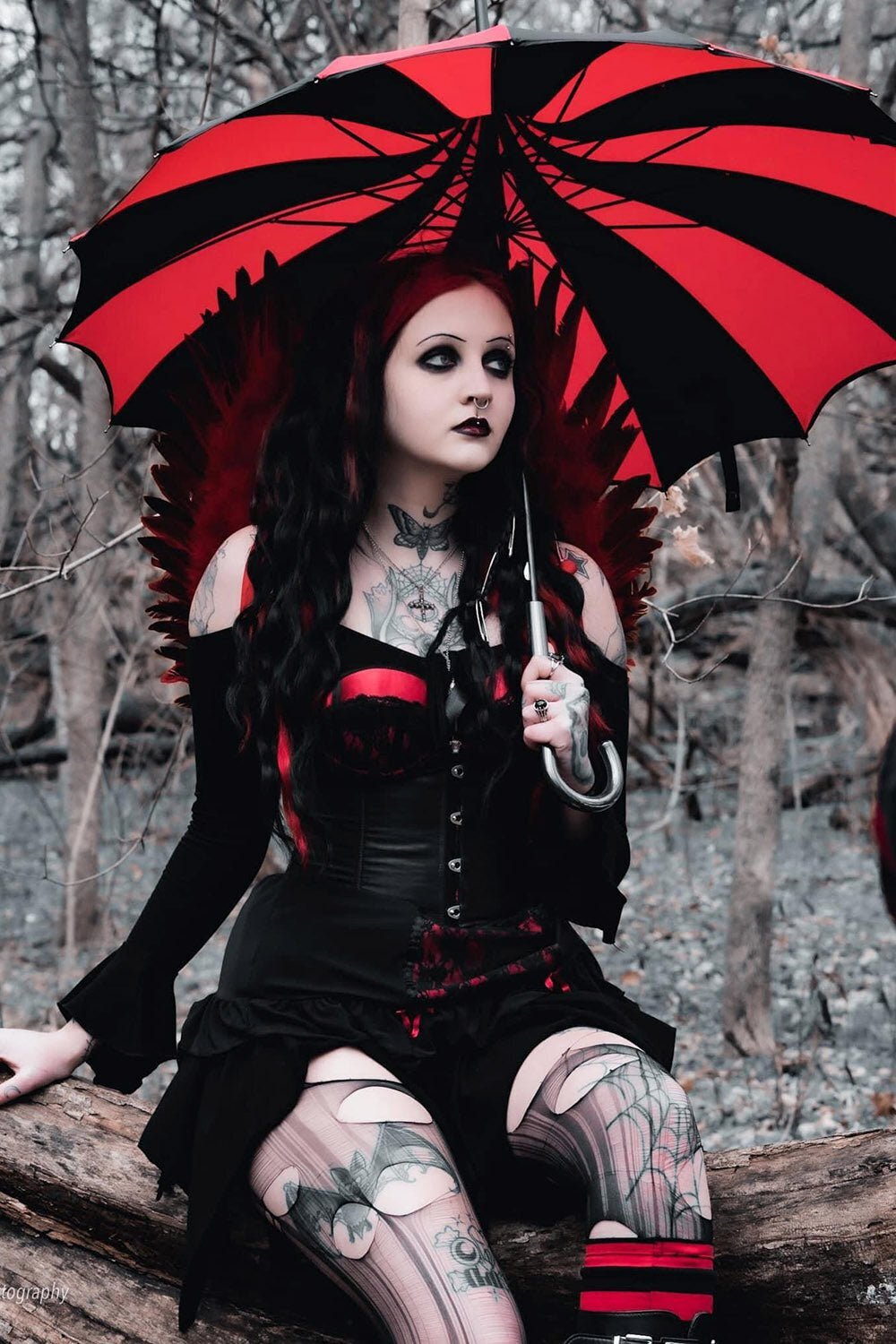 Batwing Pagoda Umbrella [BLACK/RED STRIPED] Goth Emo Fancy