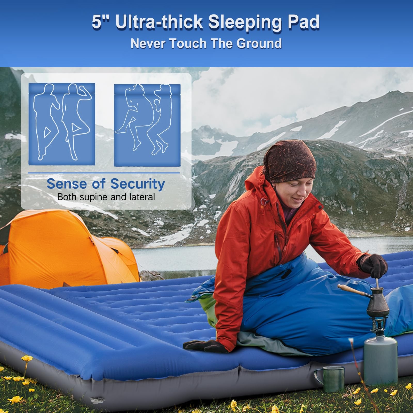 FNARMW Double Sleeping Pad Camping, Self Inflating 6'' Full, Navy Grey