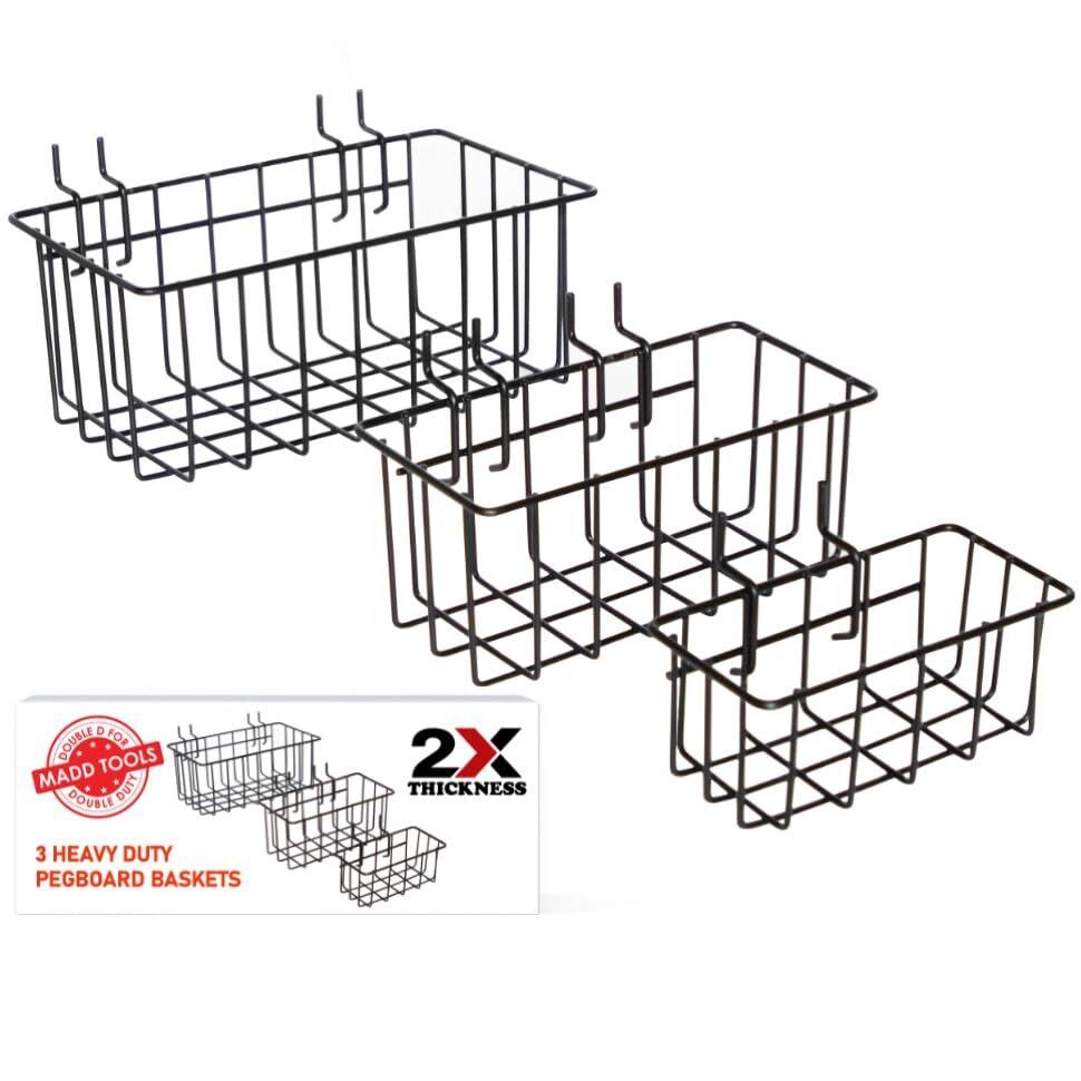 Heavy Duty Peg Board Hook Baskets for ¼ Pegboard Holes Set of 3 Black Wire Ba...