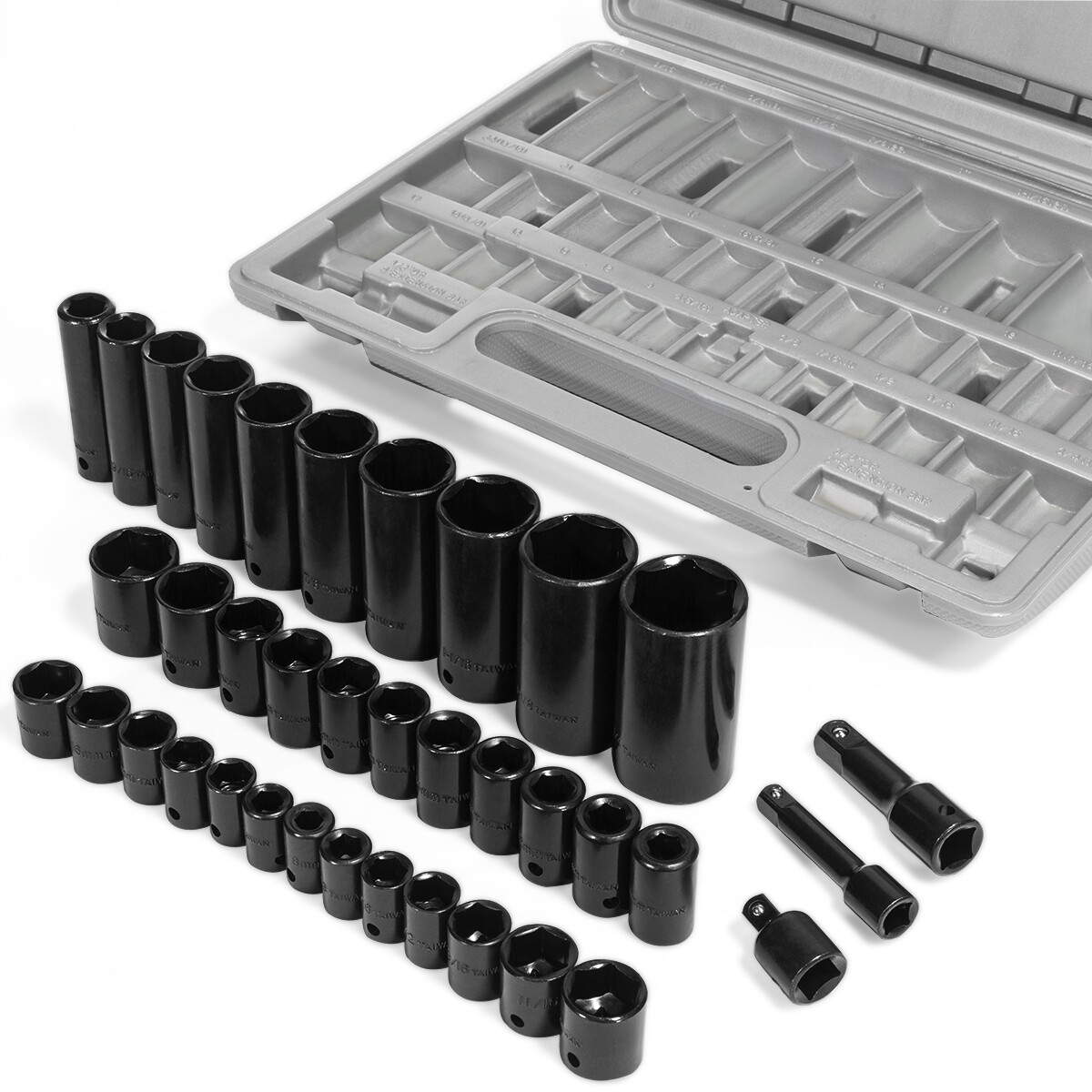 38PC 3/8" 1/2" Duo Combo Impact Socket Set Deep & Shallow Metric SAE Flank Drive