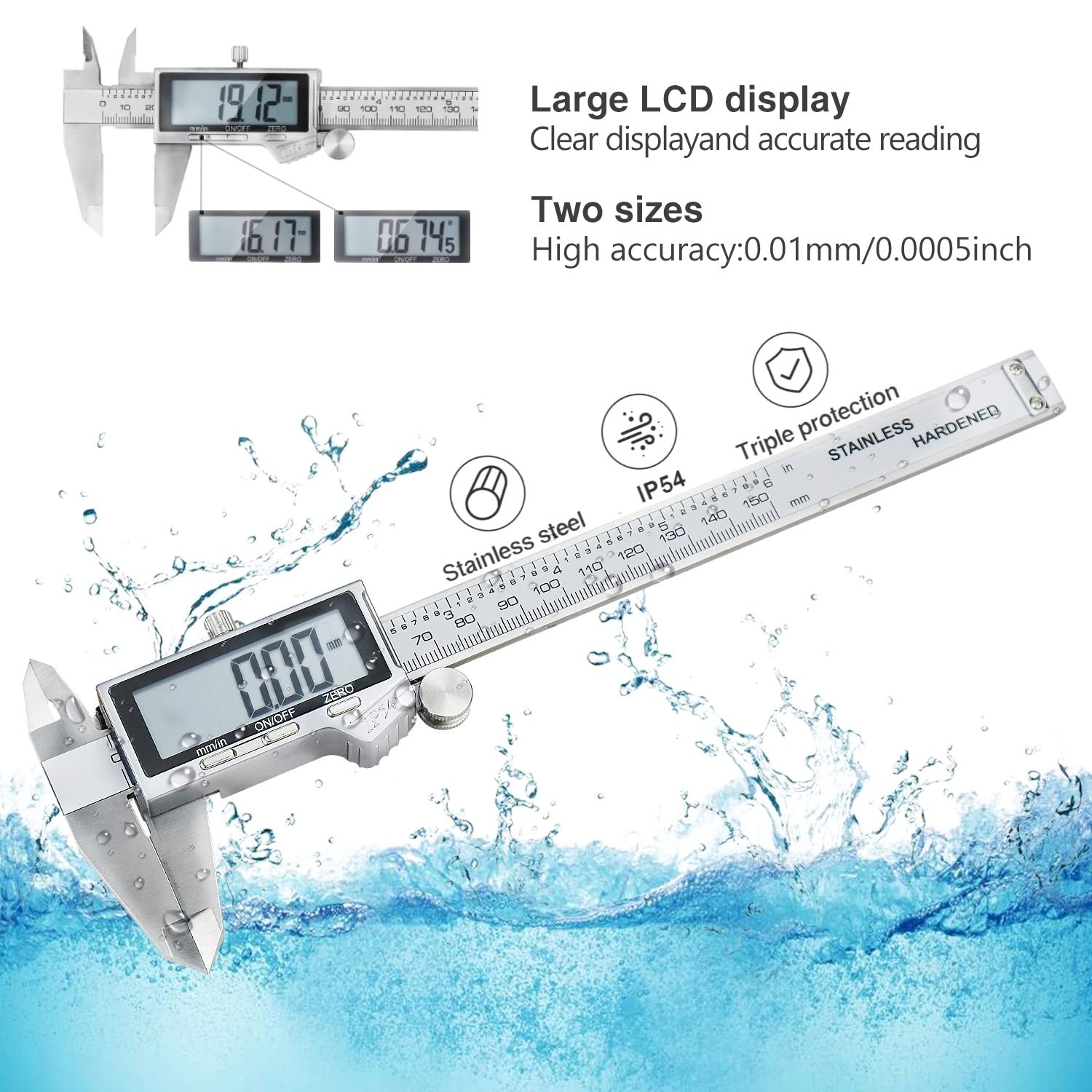 Durable Waterproof Digital Caliper - Huge LCD, Inch/mm Conversion, 150mm Range