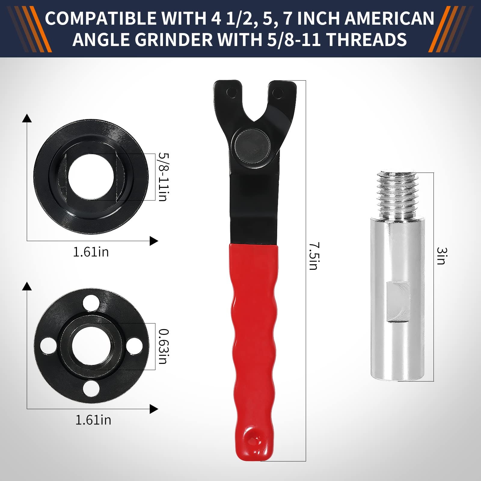 Angle Grinder Wrench Spanner Flange Nut Extension Shaft 8Pc Kit 5/811 Tool