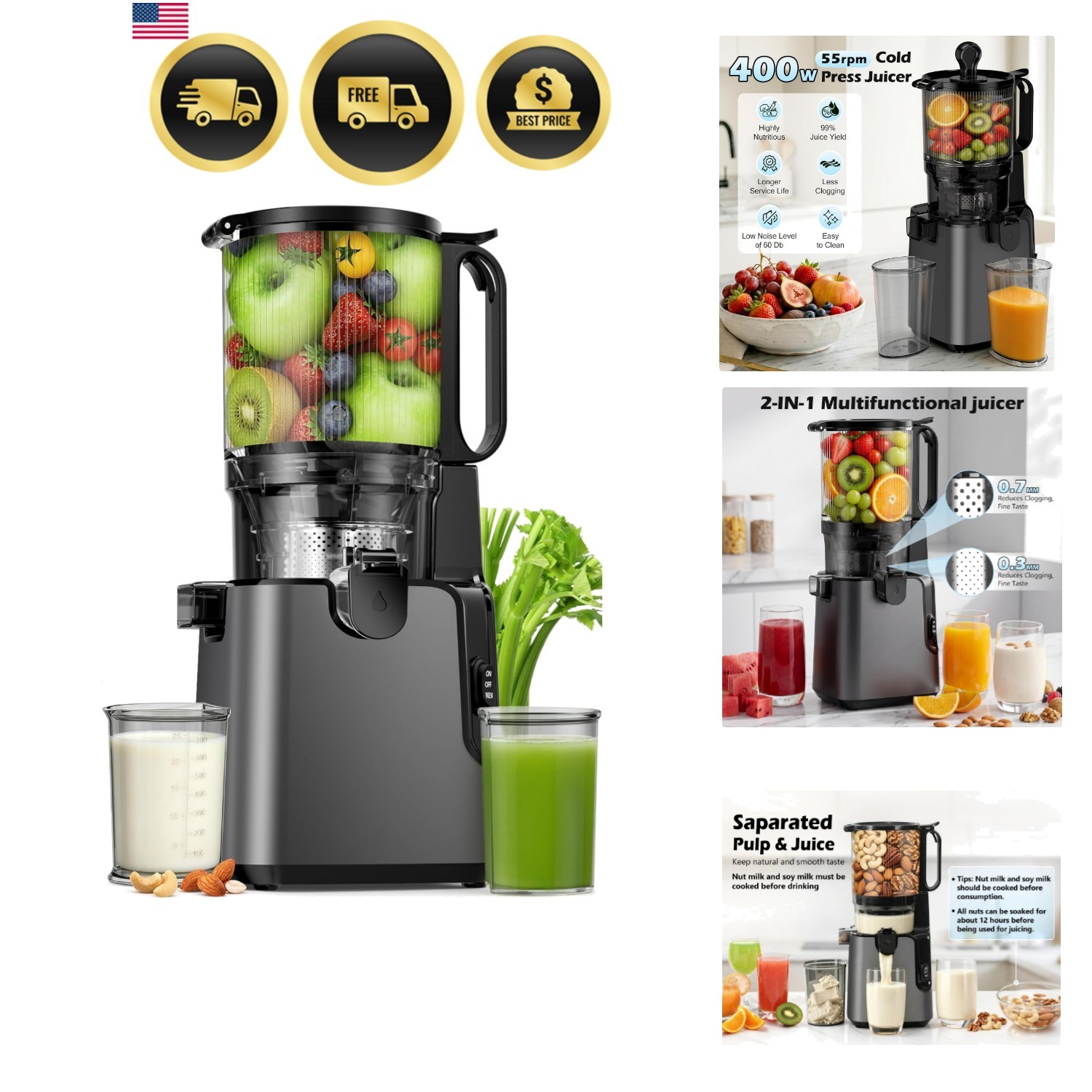 Juicer Machines with 5.8" Large Chute, 2-in-1 Cold Press Juicer for Whole Veg...