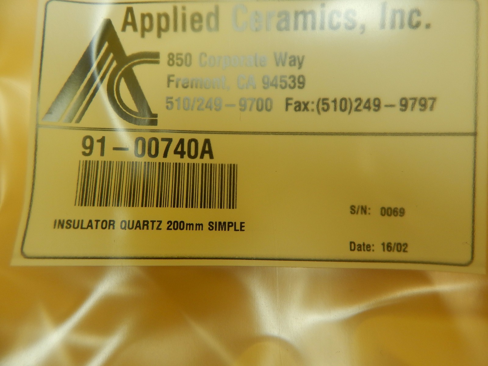 Applied Ceramics 91-00740A 200mm Quartz Insulator Simple Working