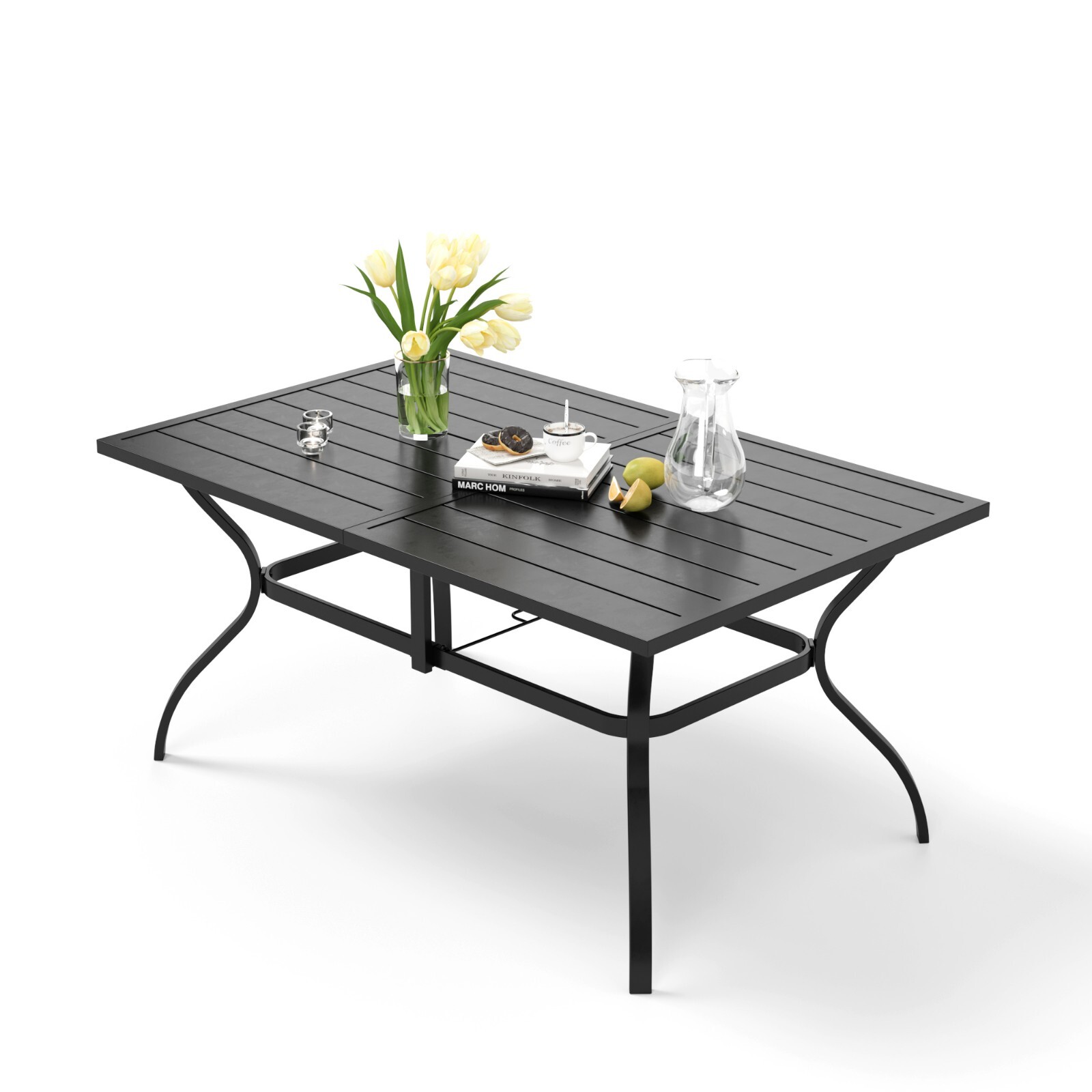PHI VILLA Patio Dining Table for 6 Person Outdoor Table with Umbrella Hole Black