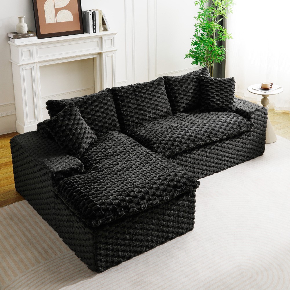 Black Convertible Sofa w/ Chaise Lounge - L-Shape Straight Modular