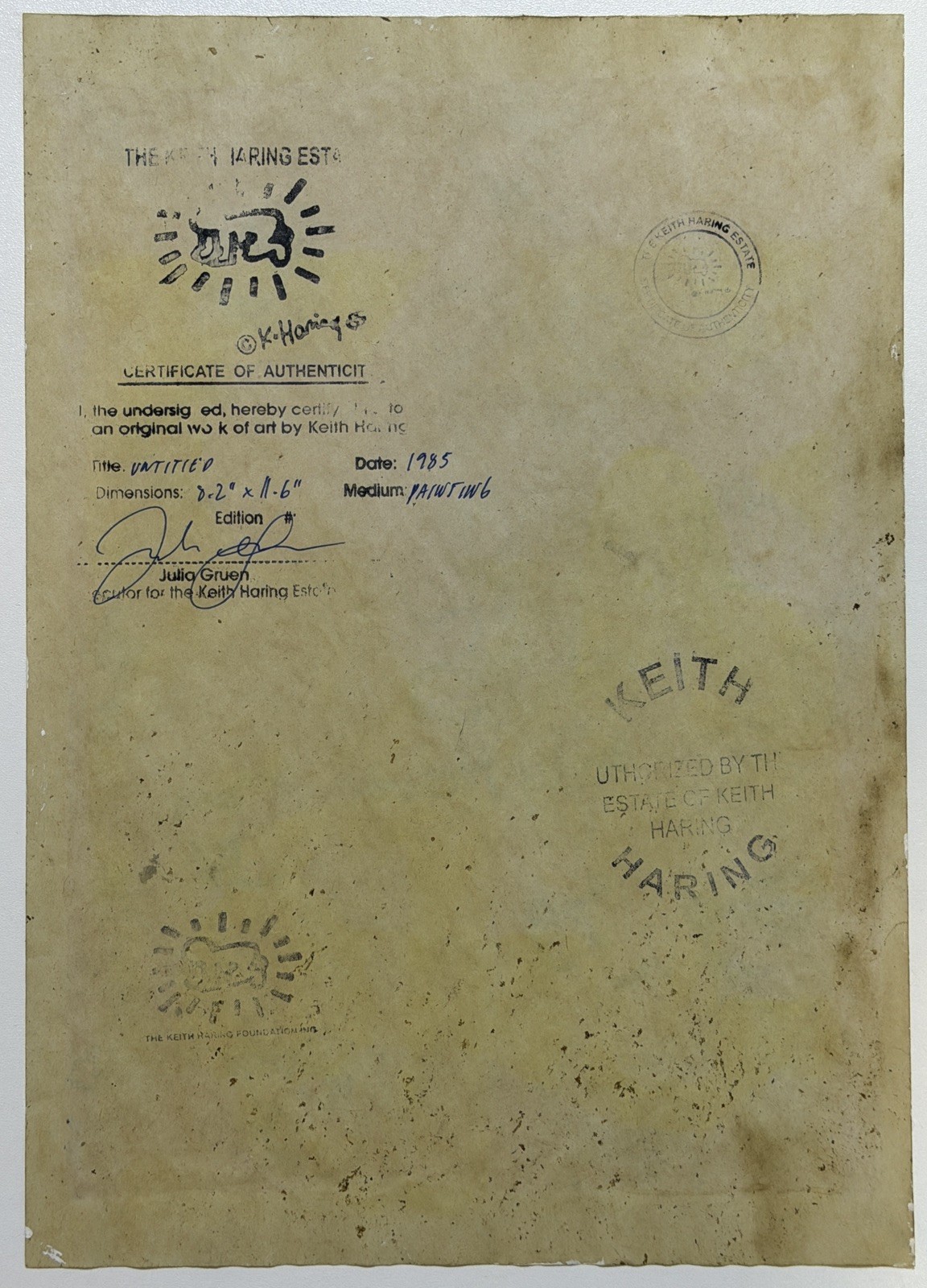 Keith Haring Drawing on old paper (Handmade) signed and stamped artwork