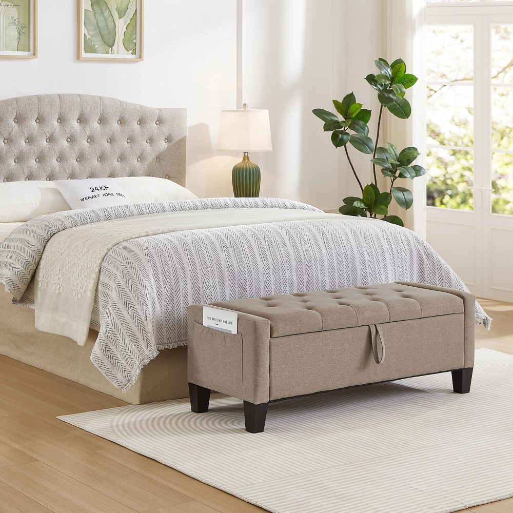 Storage Ottoman Bench w/ Safety Hinge, 350lb Capacity, Linen Upholstered