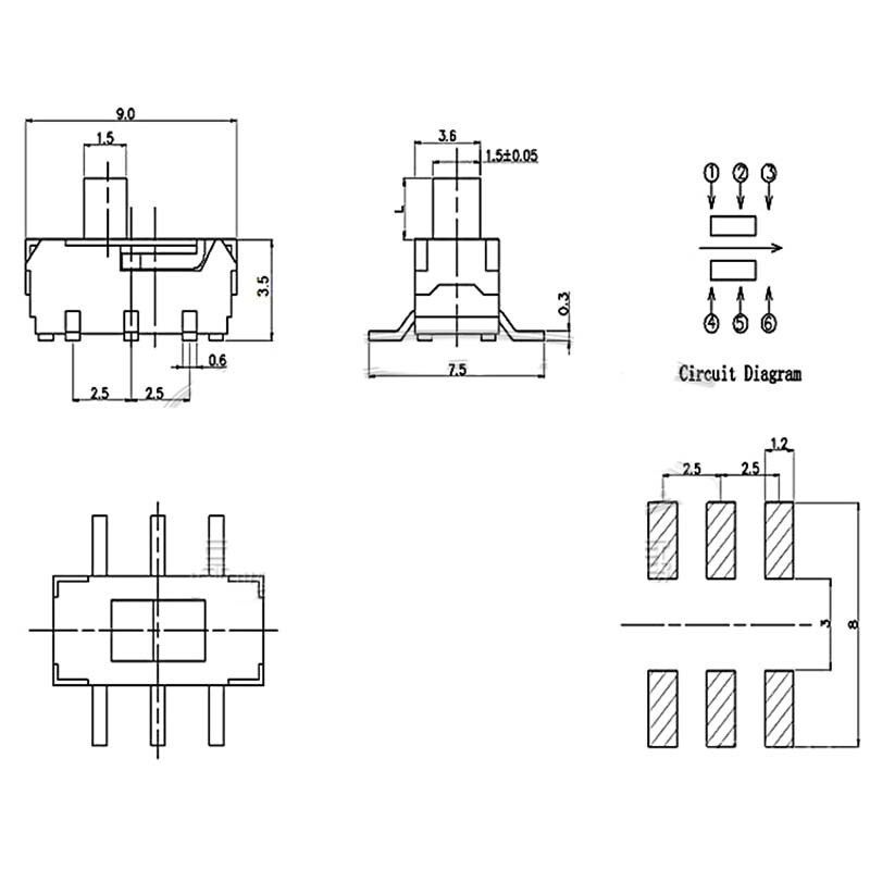 Micro Slide Switch DPDT 2P2T 6 Pin ON-OFF 2 Position DVD Panel Mount SMD Switch