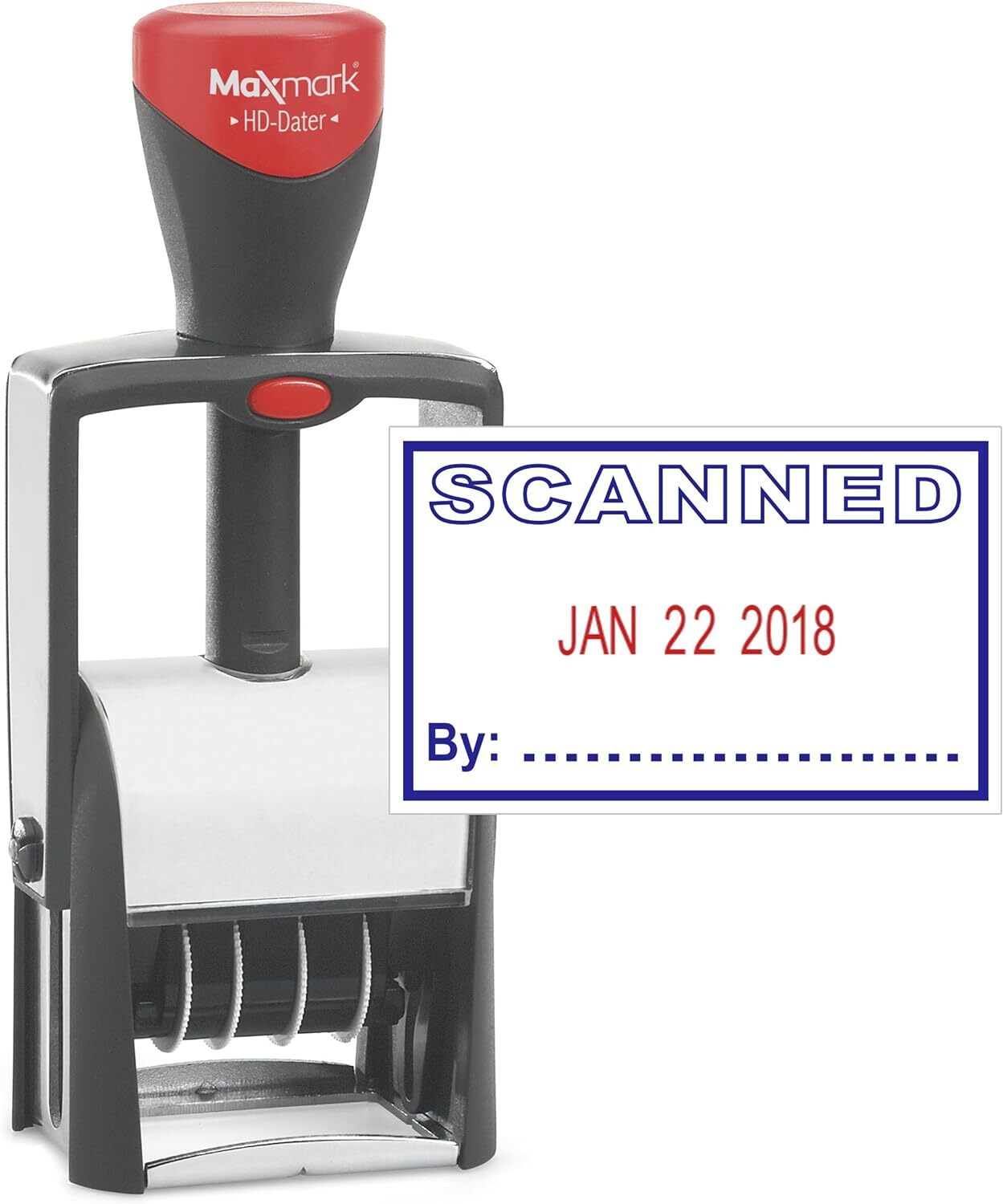 MaxMark Heavy Duty Self Inking Date Stamp with Phrase SCANNED, Hd Blue/Red