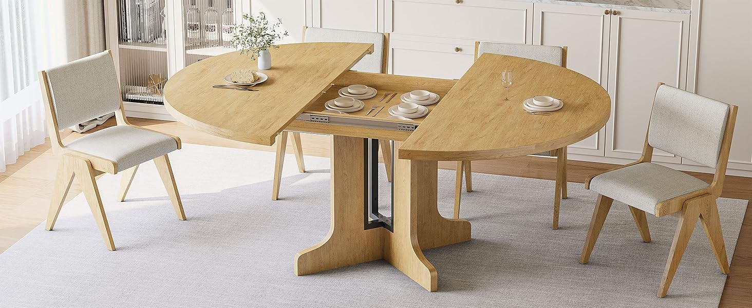 59" Extendable Round Dining Table for 4-6, Modern Kitchen Table with Heavy Duty
