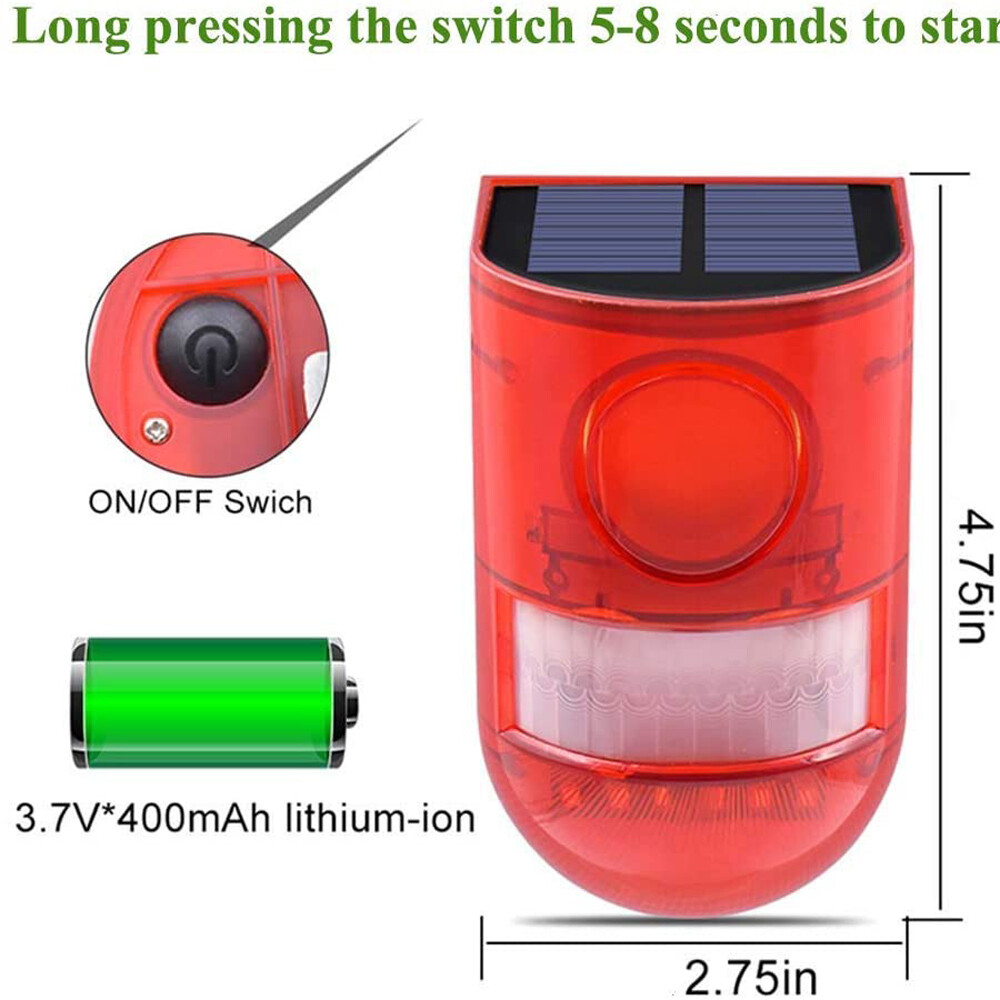 Solar Alarm LED Light Solar Strobe Light Wireless Motion Sensor Detector Outdoor