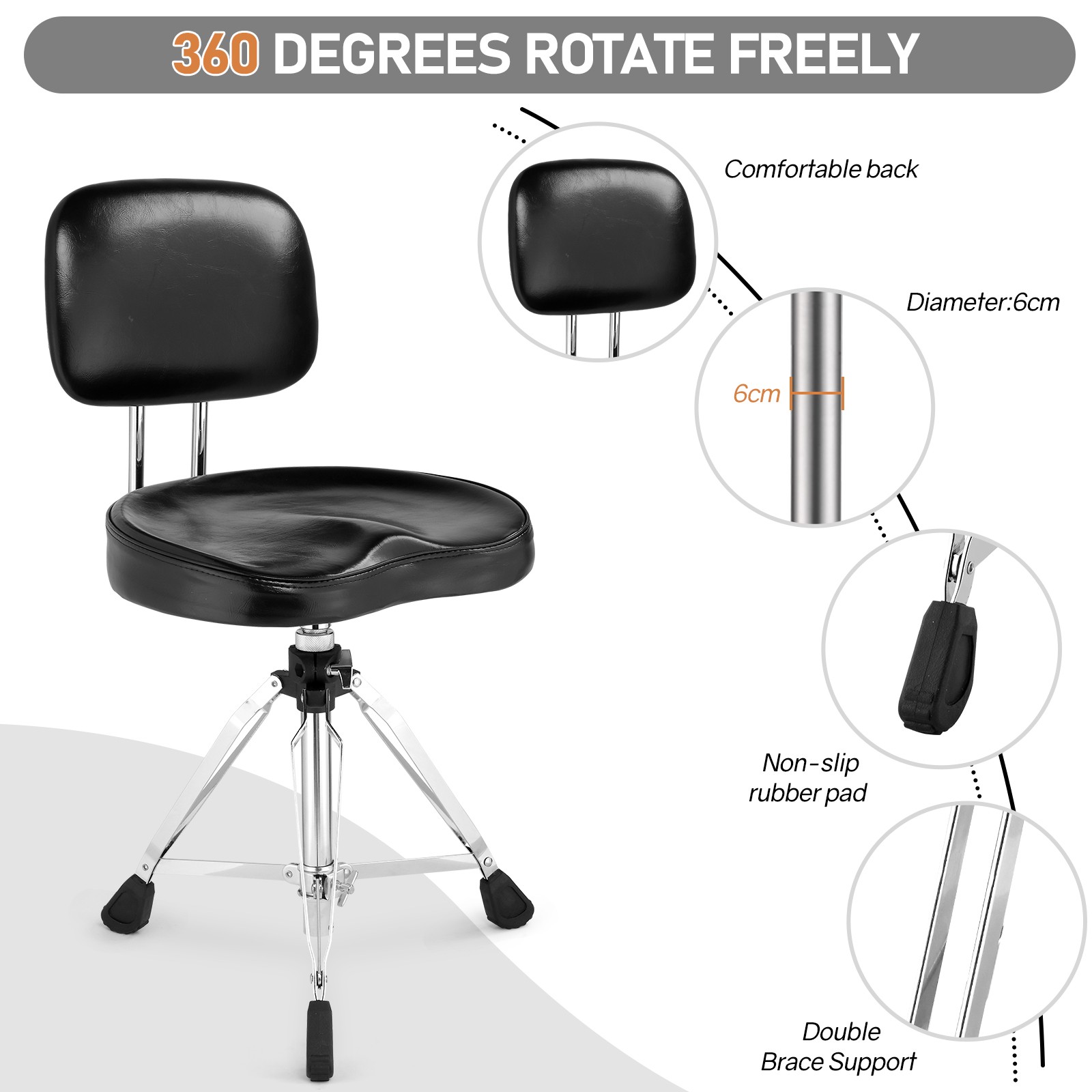 Drum Throne with Backrest, Drum Stool Adjustable Height & Drumstick for Drummers