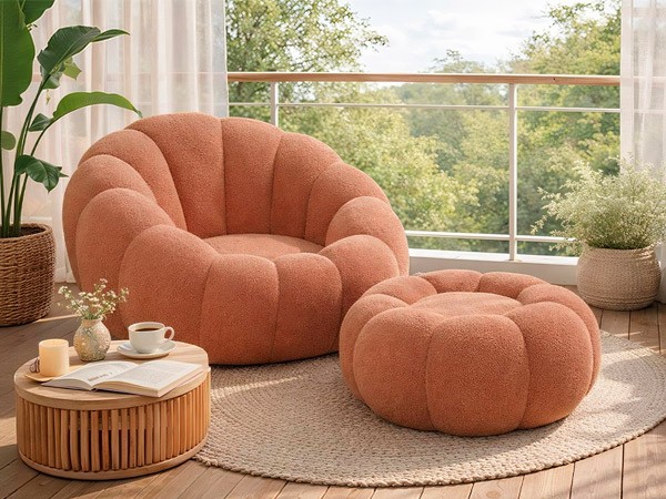 Pumpkin Shape Lounge Chair & Footstool - Brown