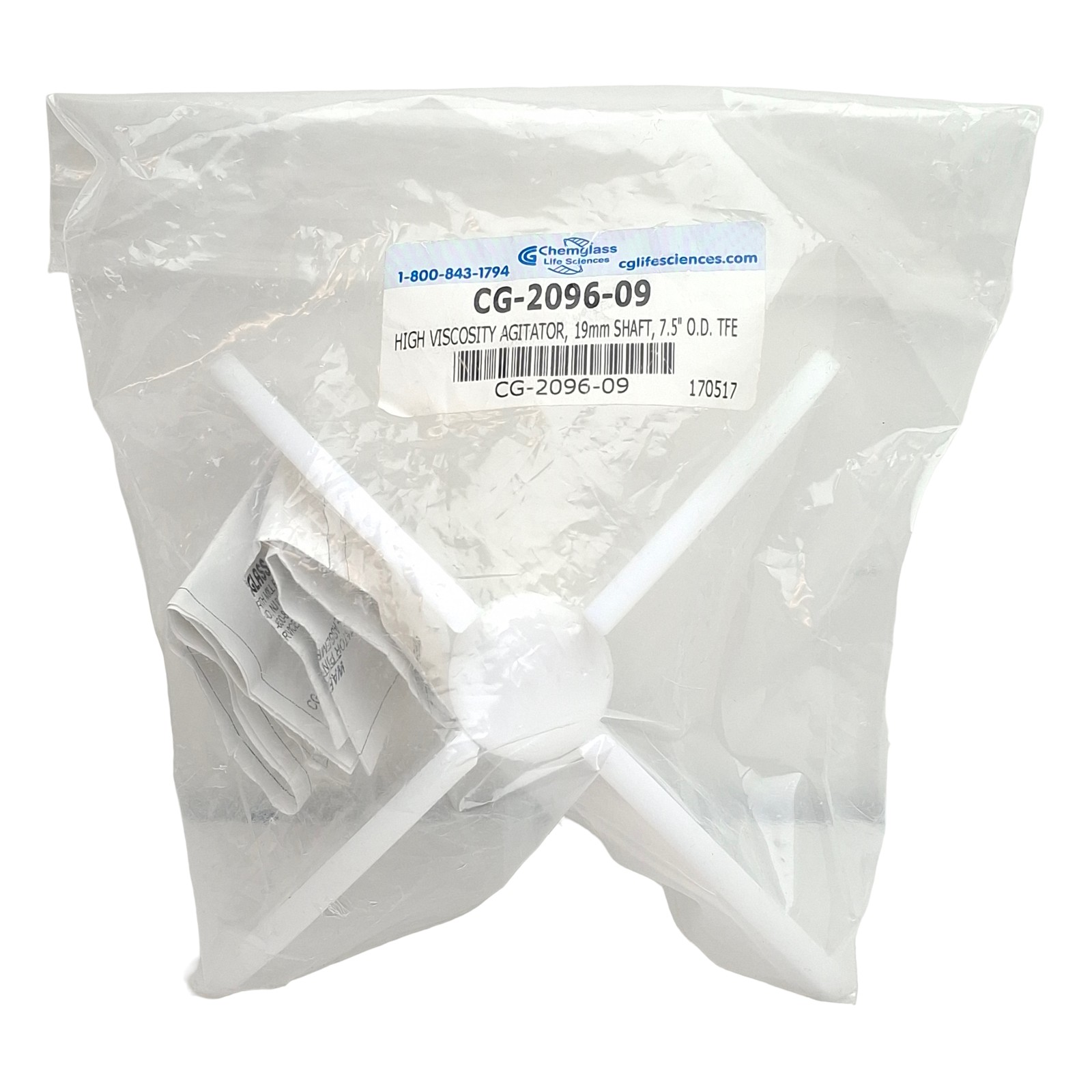 Chemglass CG-2096-09 PTFE Agitator, ø7.5in OD, 19mm Shaft, Fits 10L-15L Reactor