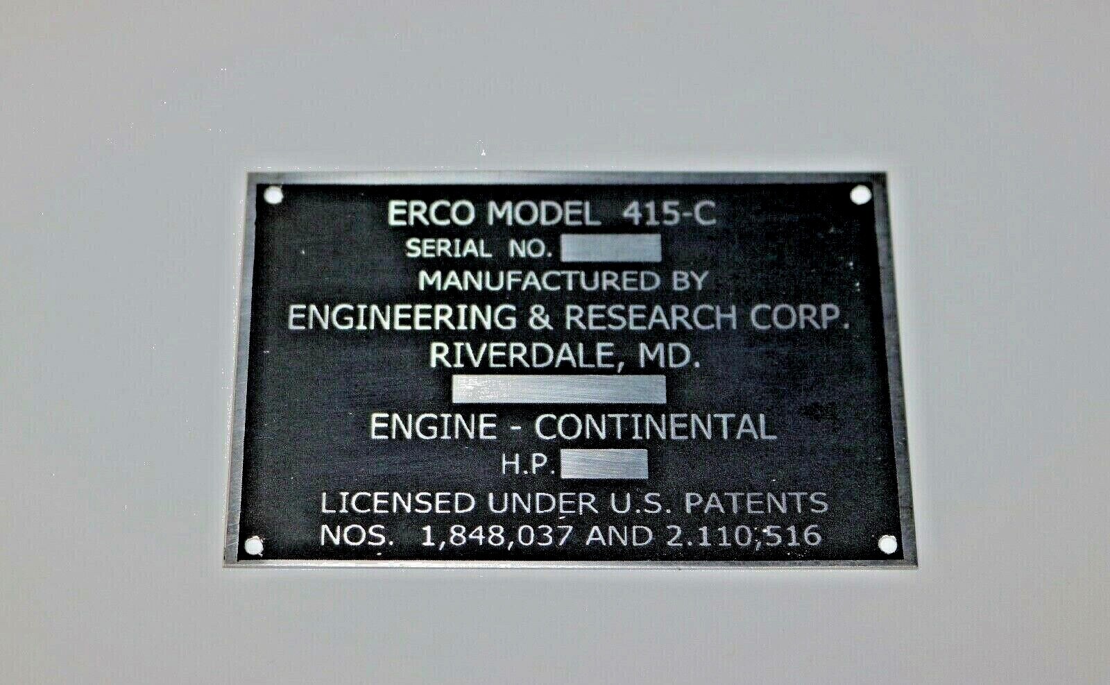 ERCO Model 415-C, Data Plate, Ercoupe