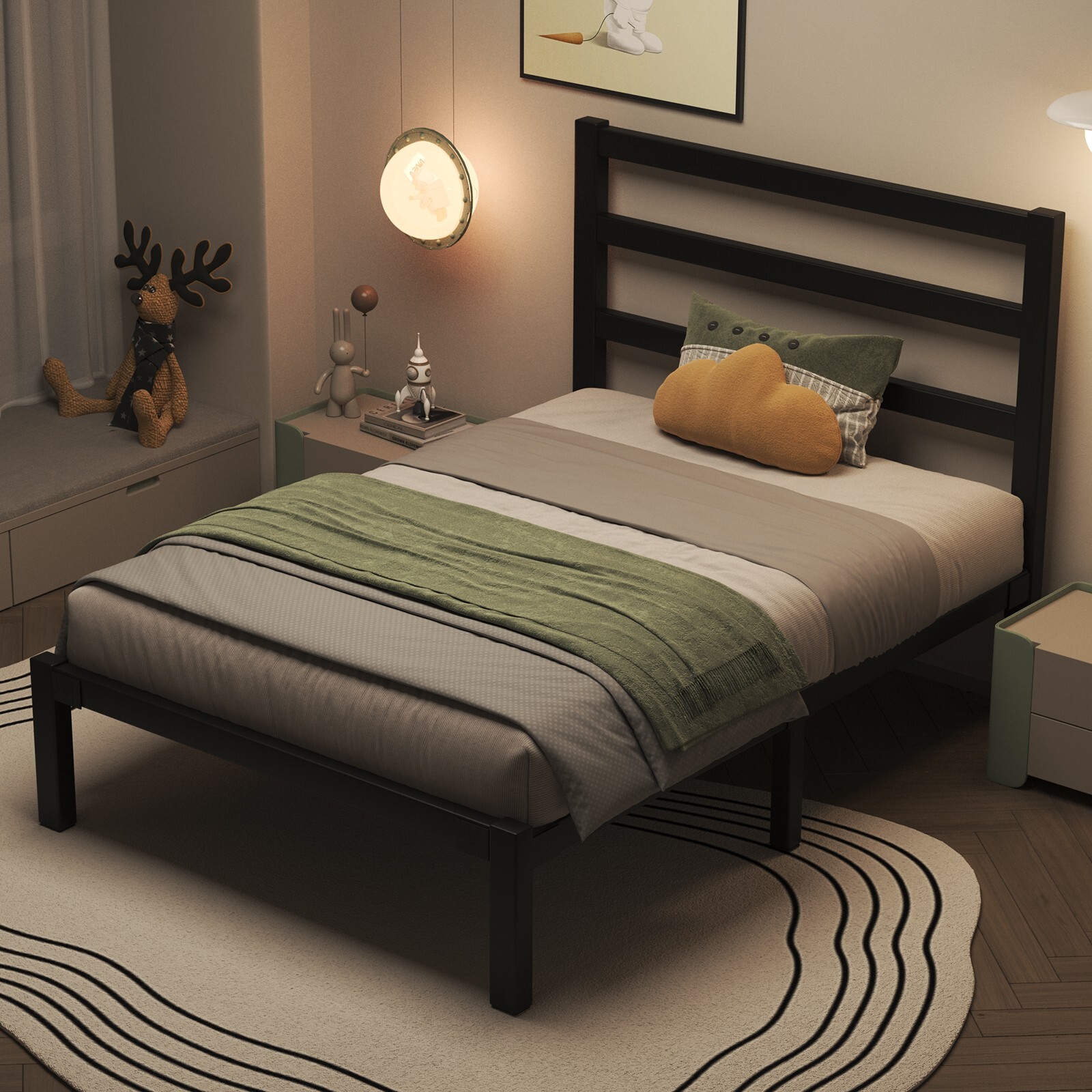 Twin Size Bed Frame with Headboard Strong Metal Slats Support
