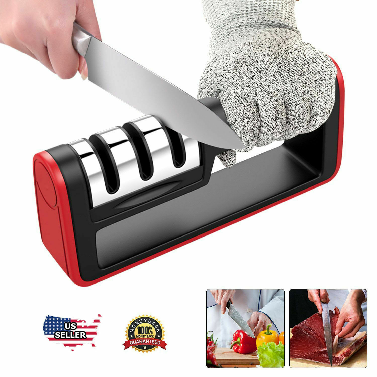 Kitchen Knife Sharpener 3 Stage Straight Tungsten Diamond Ceramic Tool US